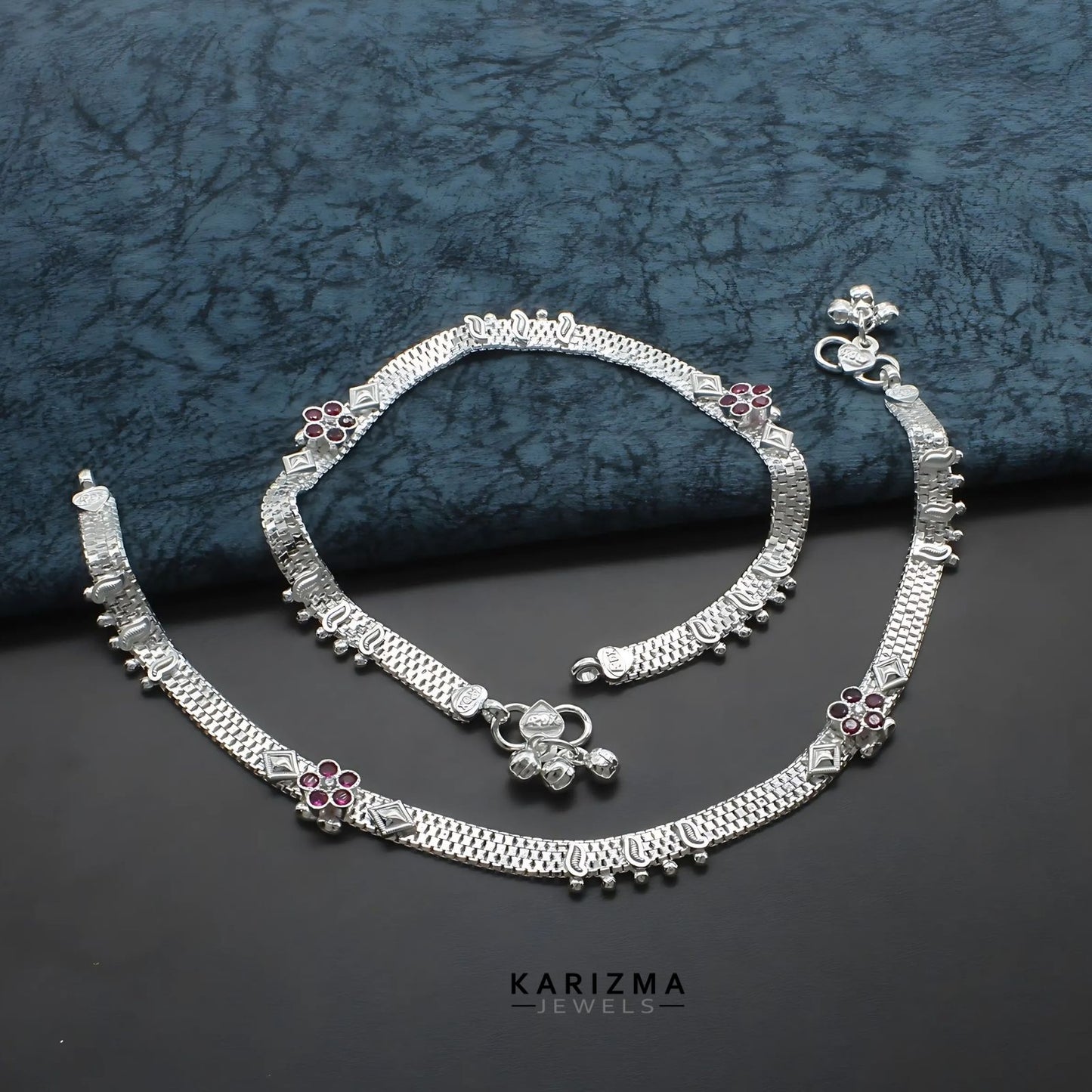 Real Sterling Silver women Pink White CZ Anklet Ankle Pair 10.3"