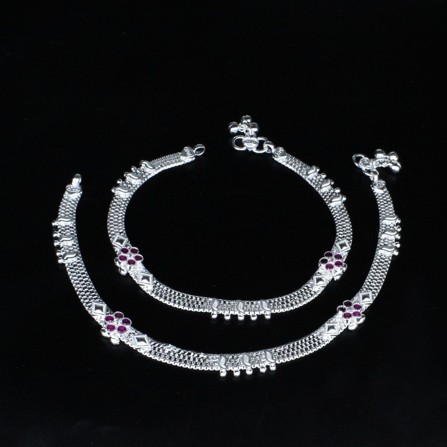 Real Sterling Silver women Pink White CZ Anklet Ankle Pair 10.3"