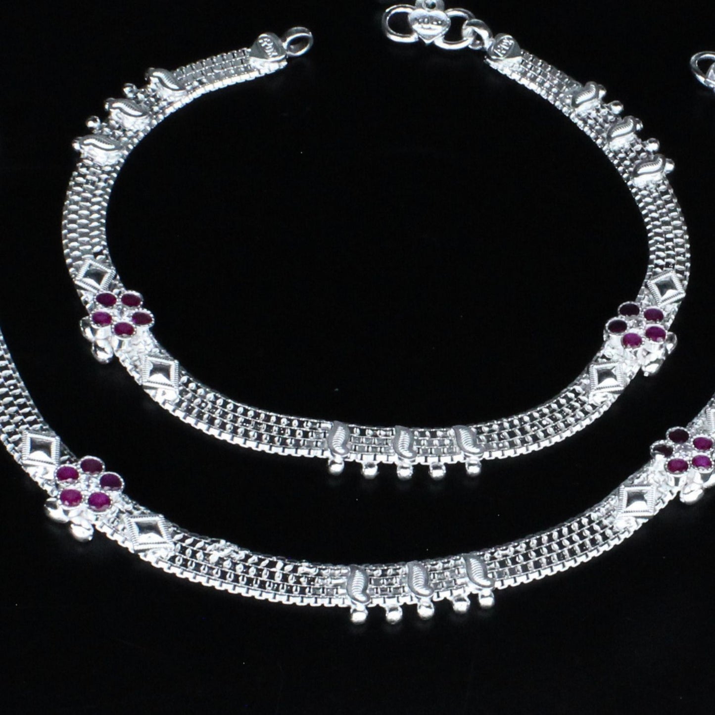 Real Sterling Silver women Pink White CZ Anklet Ankle Pair 10.3"