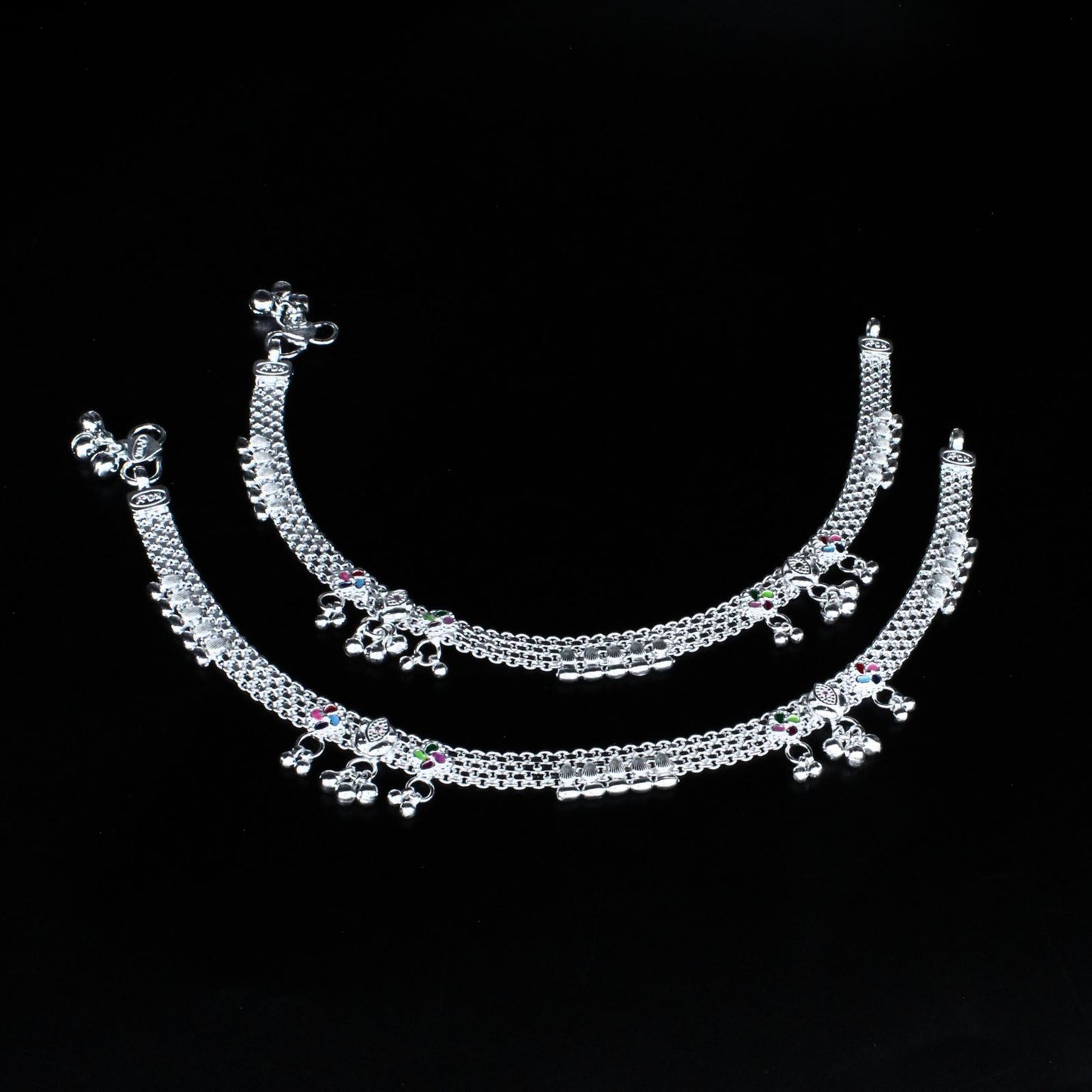 Traditional Real Sterling Silver women Pink CZ handmade Anklet Ankle Pair 10.4"