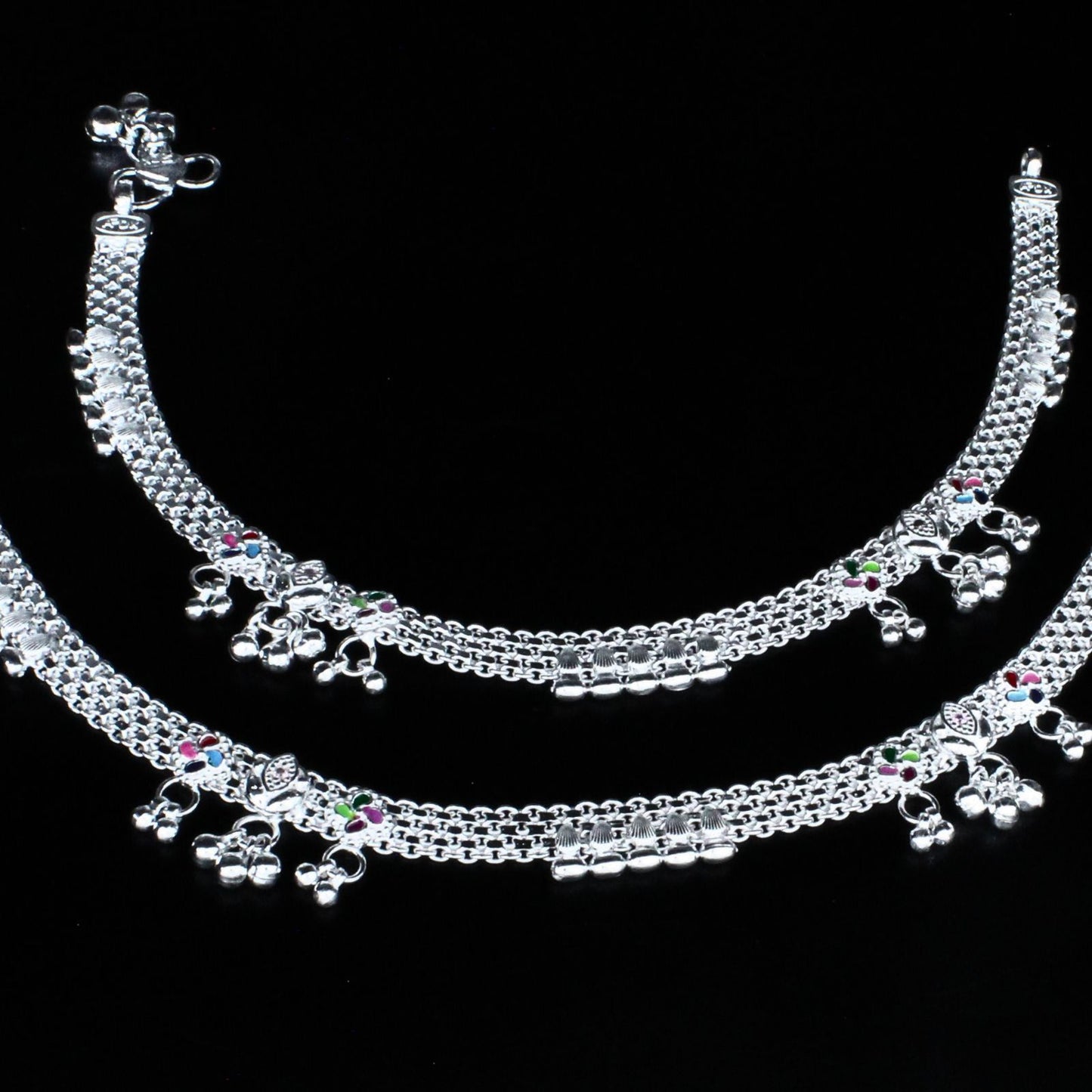 Traditional Real Sterling Silver women Pink CZ handmade Anklet Ankle Pair 10.4"