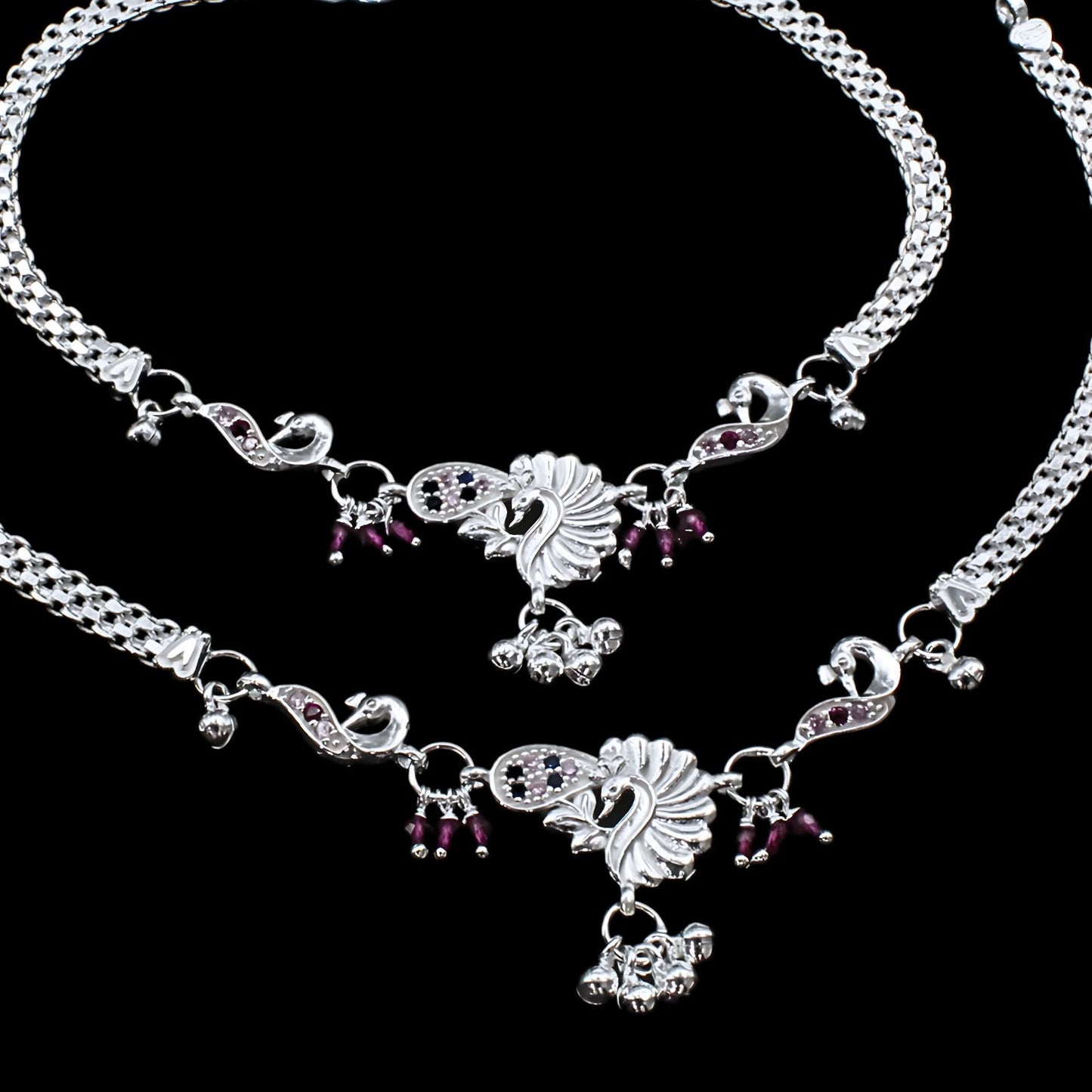 Real Silver Women CZ Peacock Design Anklets Ankle Pair 10.3"