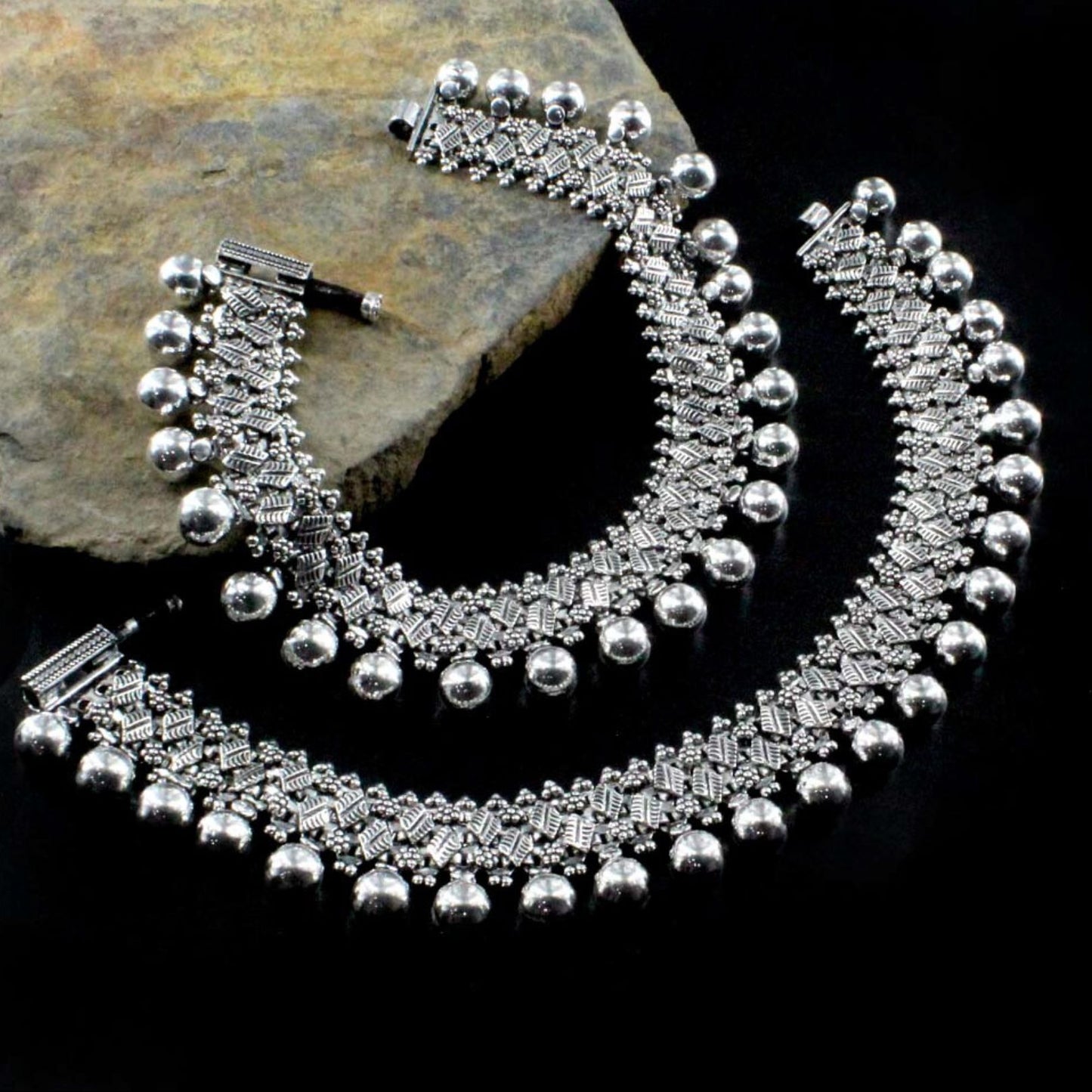 Bridal Real Silver Women Oxidized Anklets Ankle Pair 10.5"