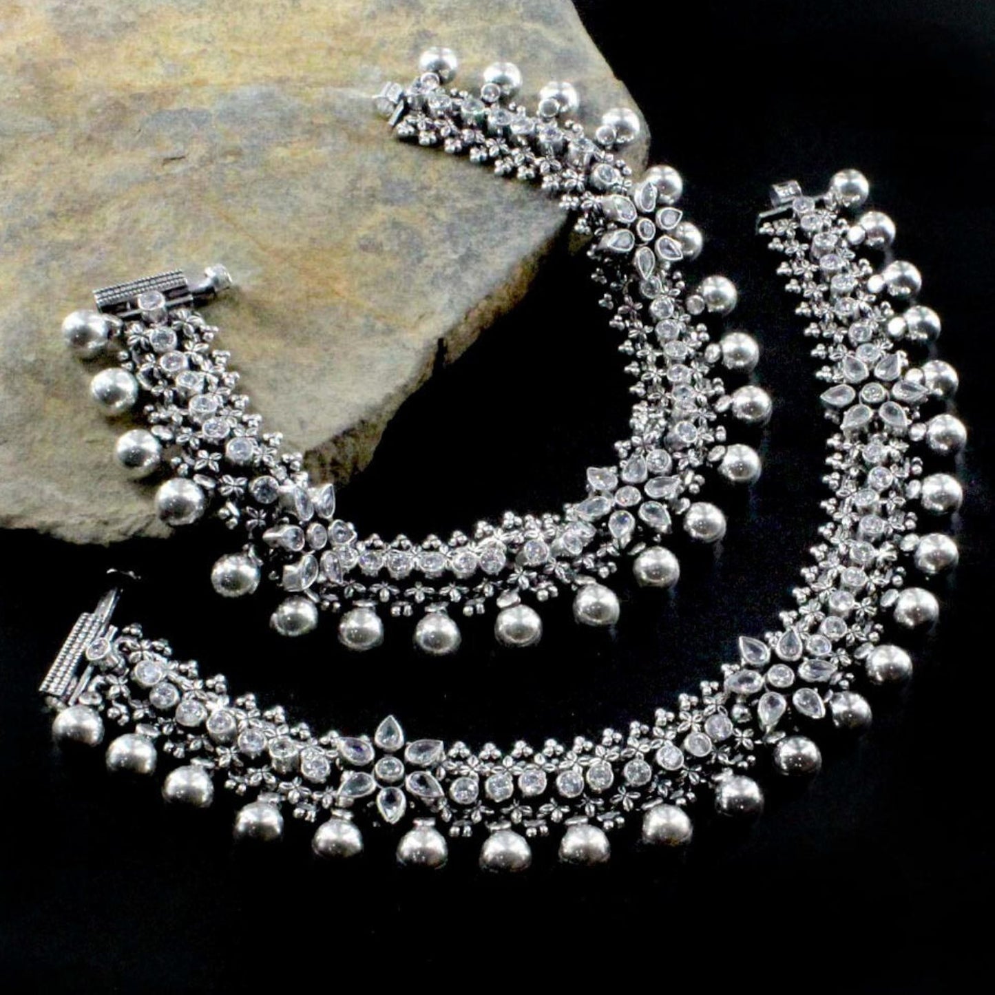 Real Silver Women Oxidized Bridal CZ Anklets Ankle Pair 10"