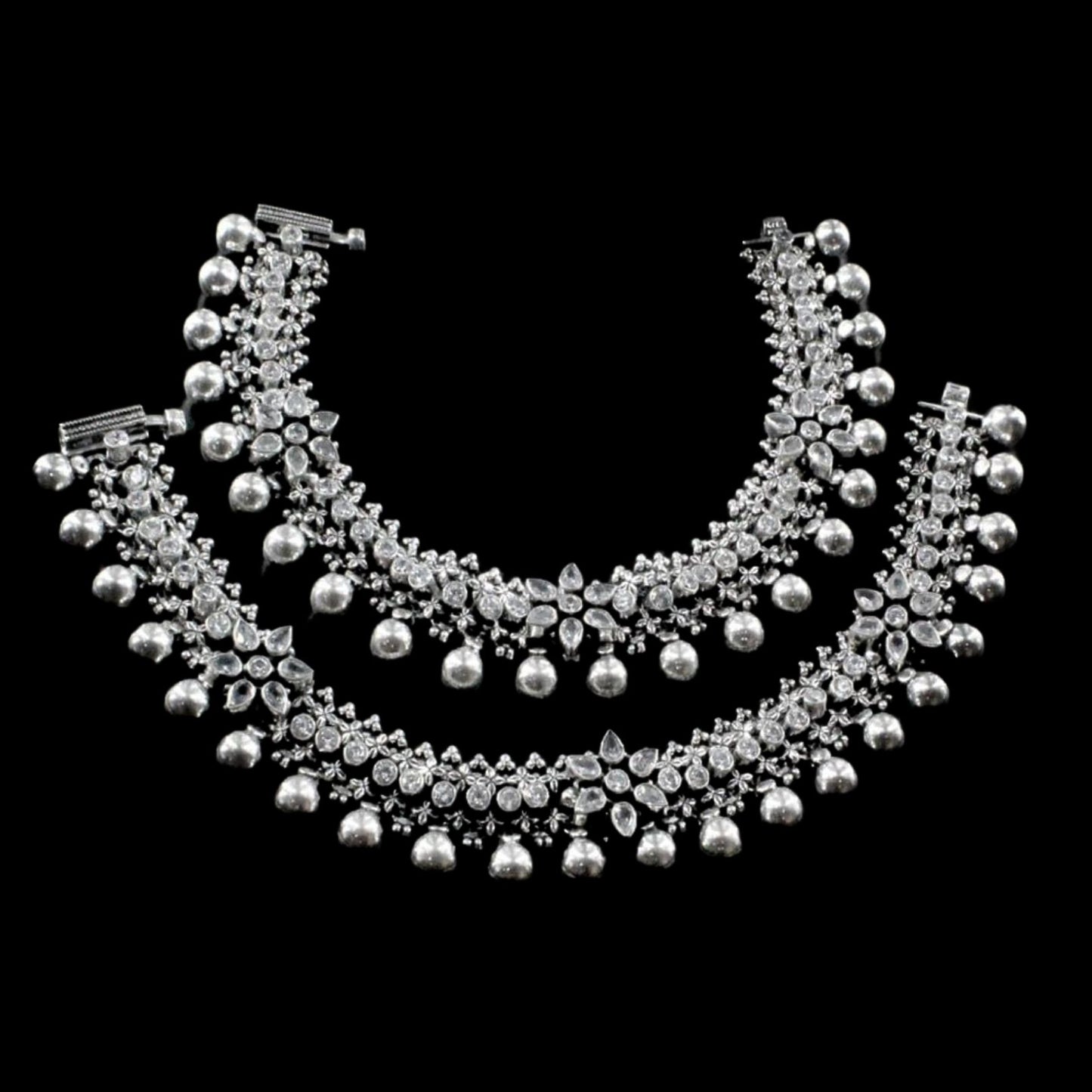 Real Silver Women Oxidized Bridal CZ Anklets Ankle Pair 10"