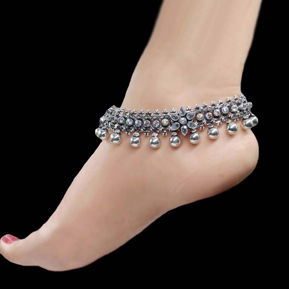 Real Silver Women Oxidized Bridal CZ Anklets Ankle Pair 10"