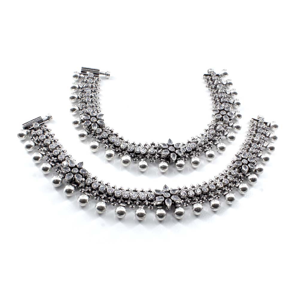 Real Silver Women Oxidized Bridal CZ Anklets Ankle Pair 10"