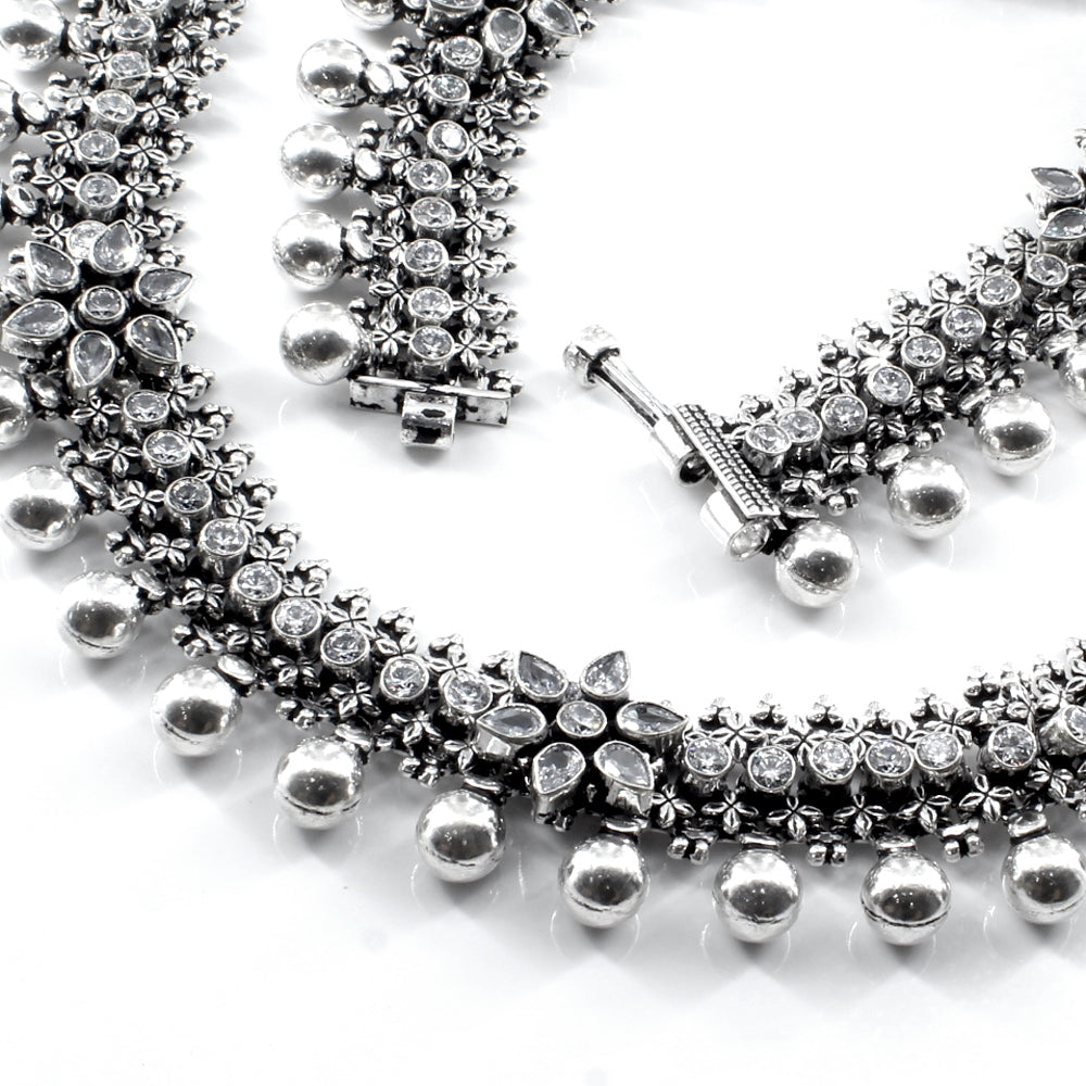 Real Silver Women Oxidized Bridal CZ Anklets Ankle Pair 10"