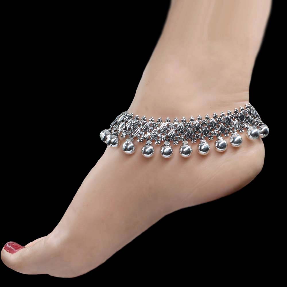 Bridal Real Silver Women Oxidized Anklets Ankle Pair 10.5"