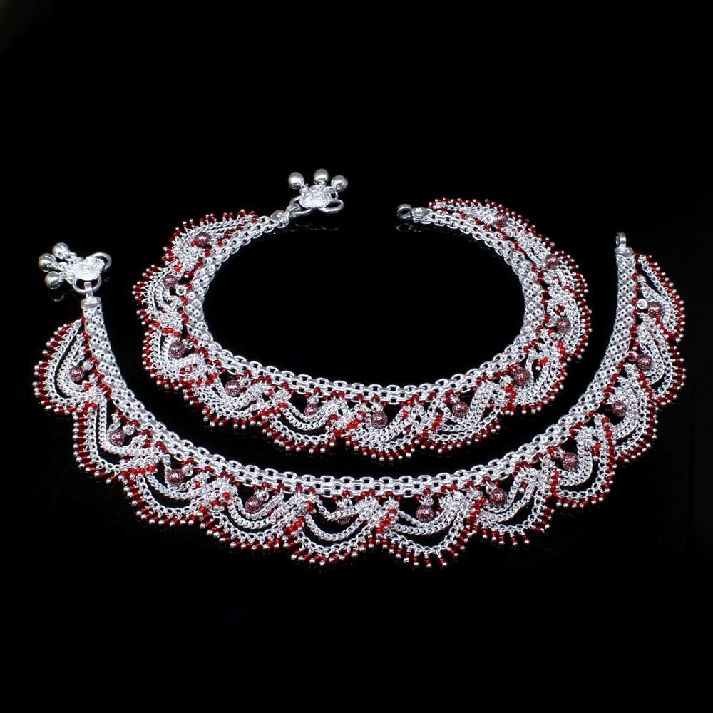 Red Beads Bridal Traditional Style Real 925 Silver Women Anklets