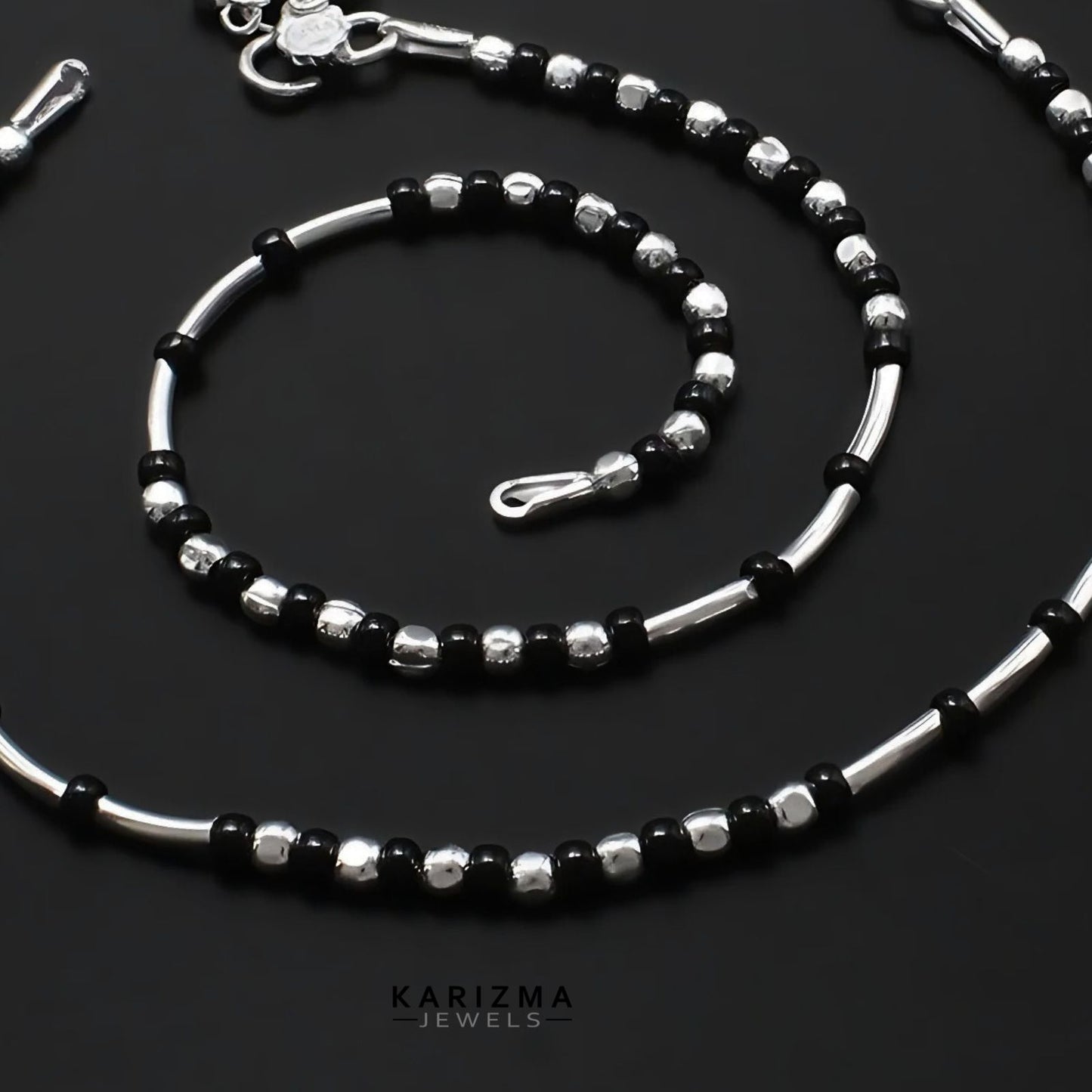 Real Sterling Silver women black beads Anklet Pair 10.5"