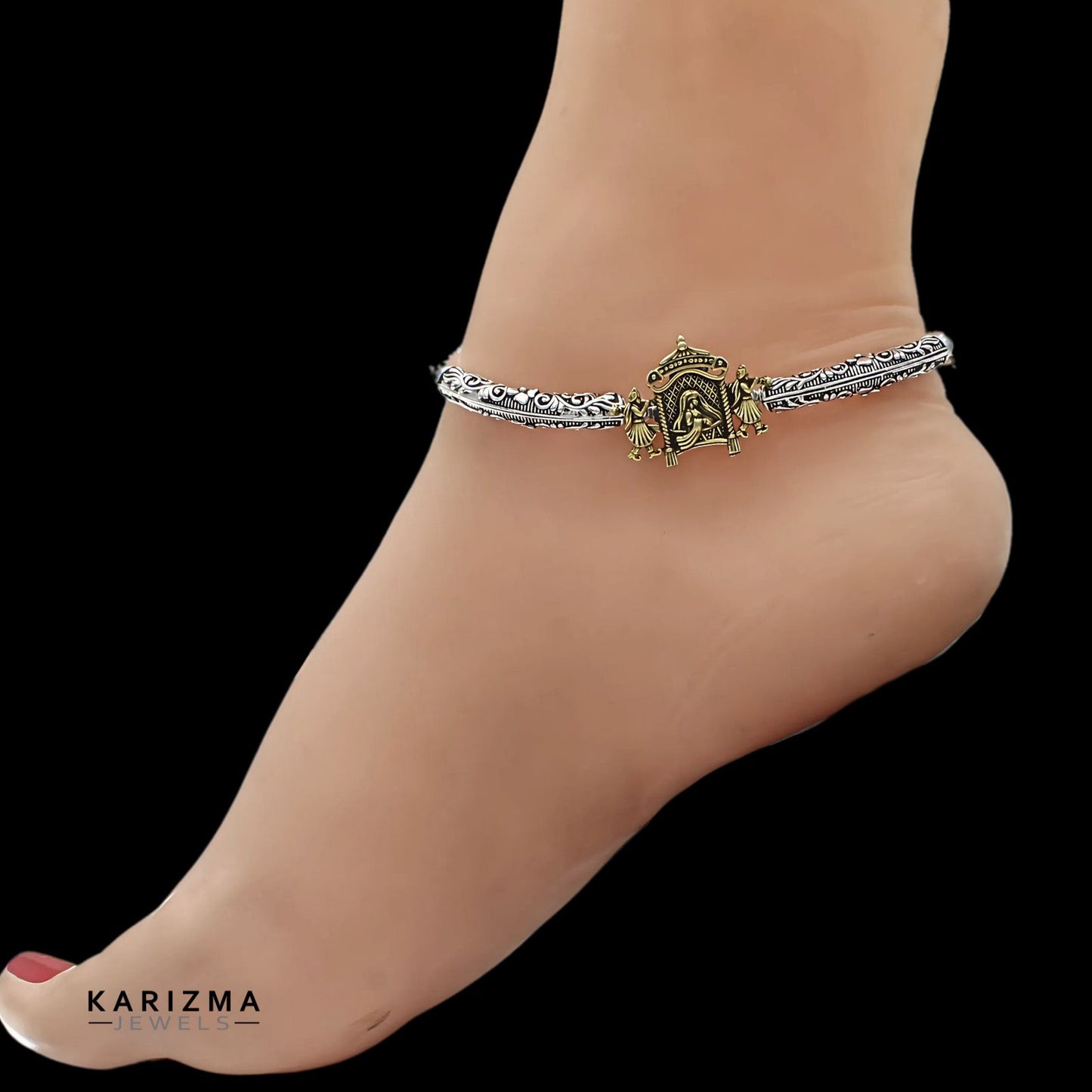 Two Tone Real Sterling Silver wedding women Oxidized Anklet Pair