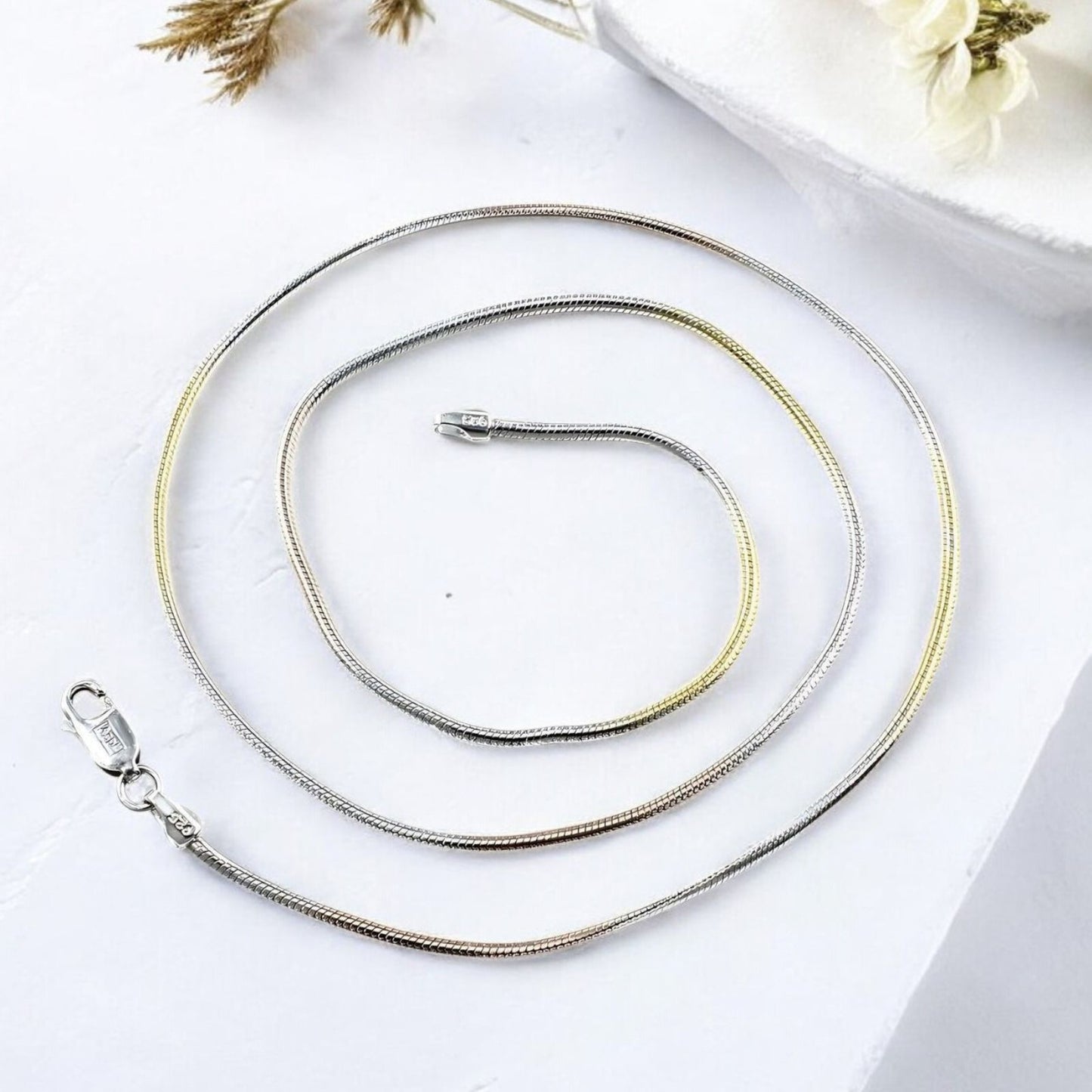 Three Tone 925 Sterling Silver Women Neck Chain 18"