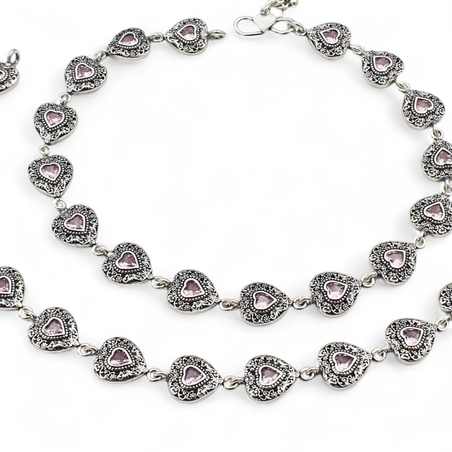 925 Sterling Silver Women Pink CZ Oxidised Hearts payal Anklet Pair 10.3"
