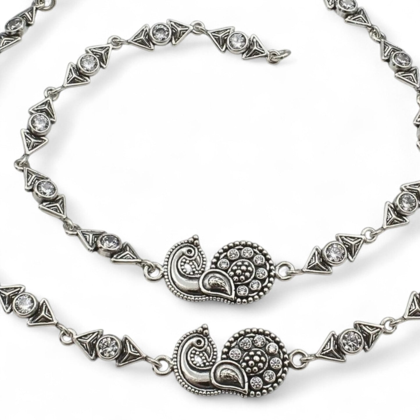 Beach wear 925 Sterling Silver White CZ Oxidised Peacock Anklet Pair 10.3"