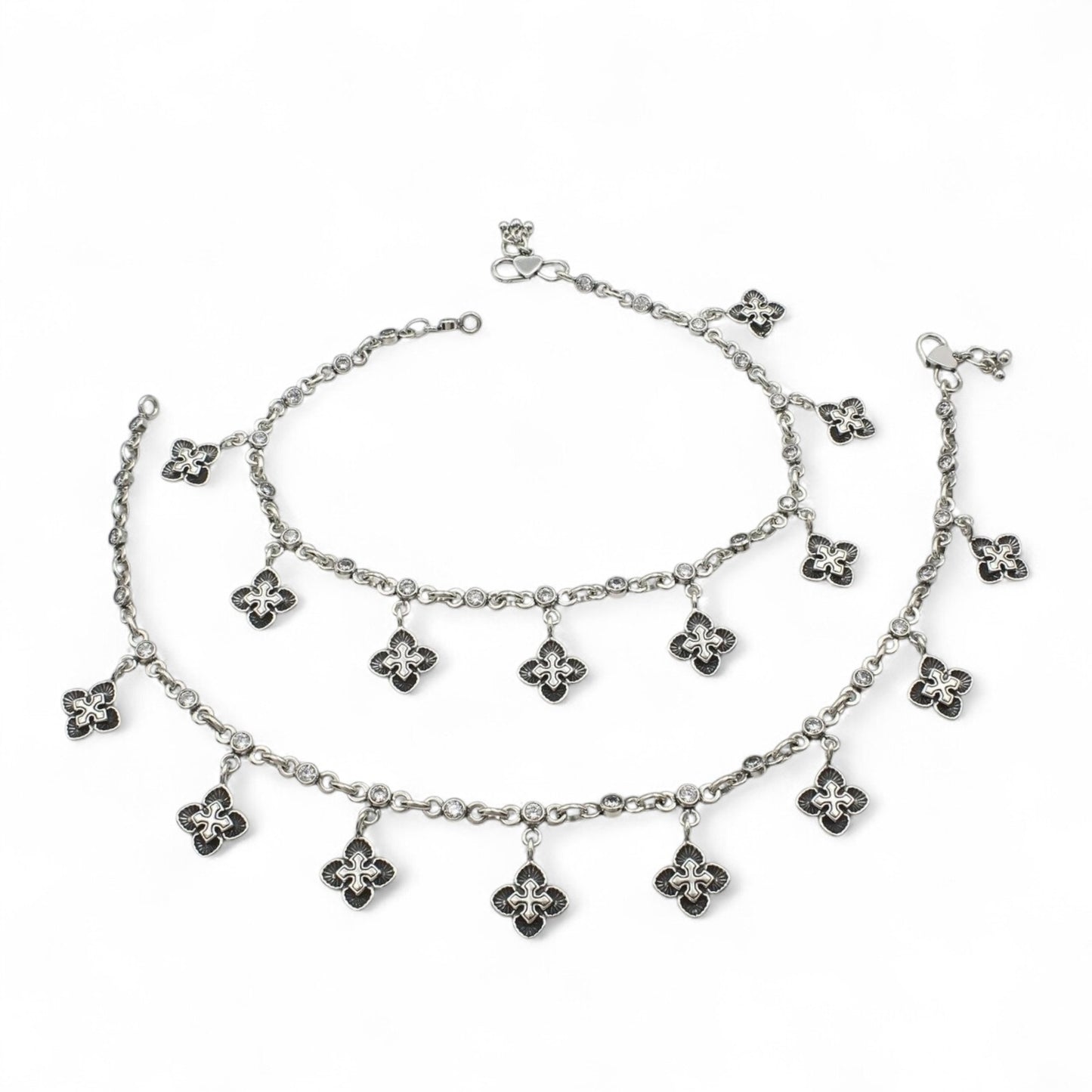 925 Sterling Silver floral White CZ Oxidised divine pajeb Anklet Pair 10.7"