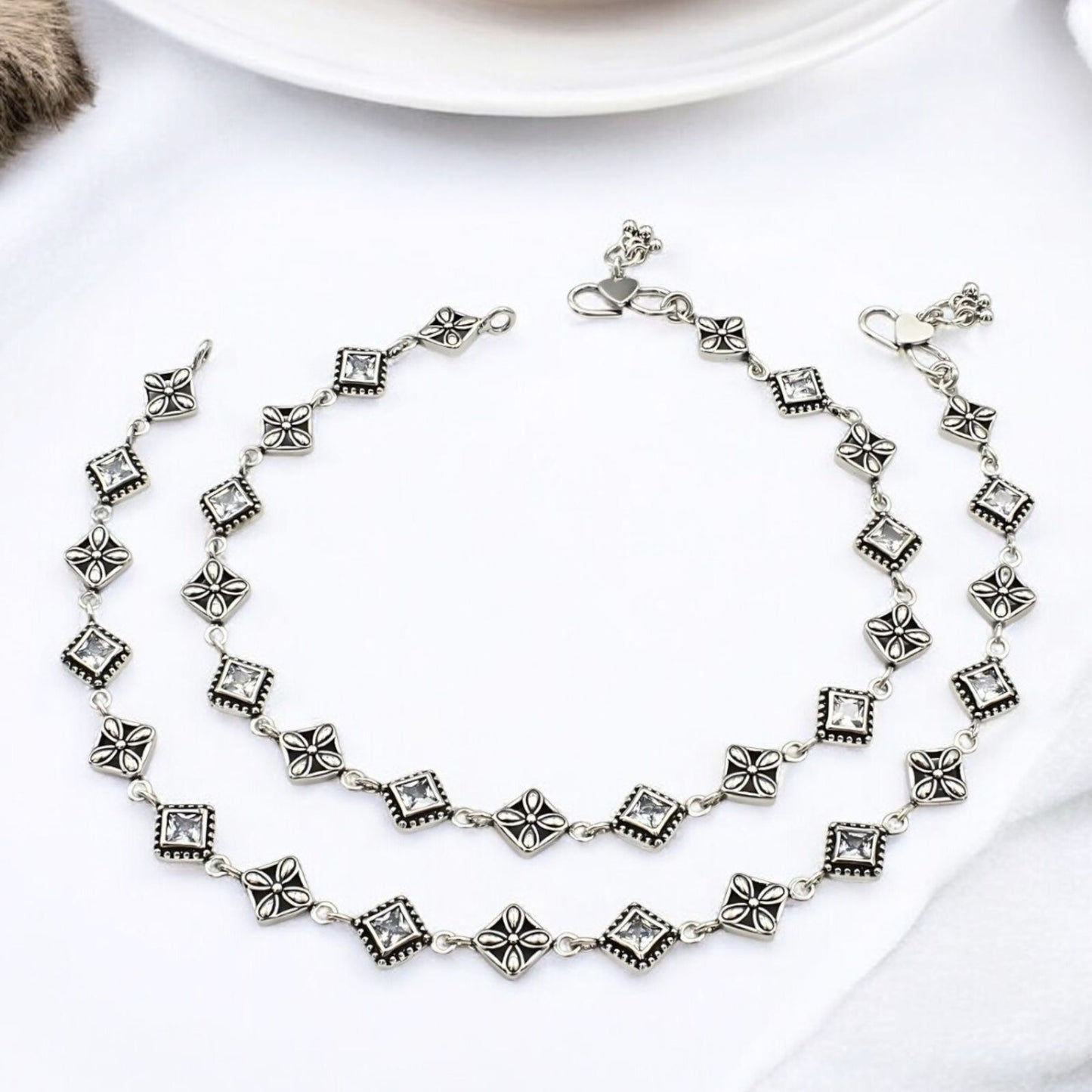925 Sterling Silver White CZ Oxidised divine payal Anklet Pair 10.3"
