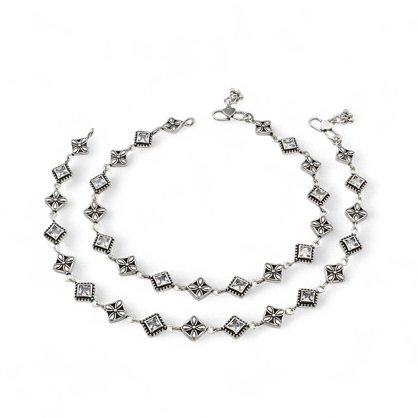 925 Sterling Silver White CZ Oxidised divine payal Anklet Pair 10.3"
