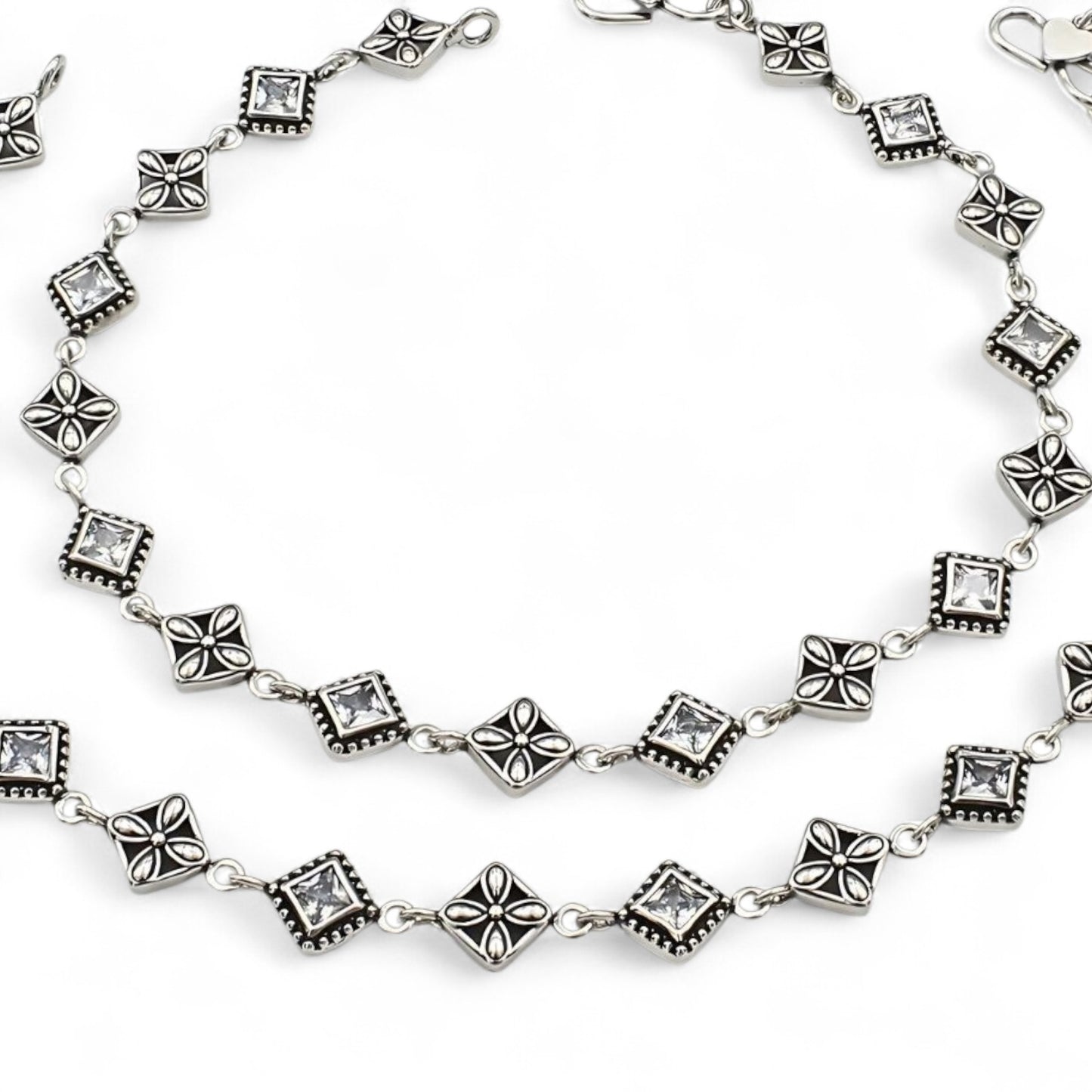 925 Sterling Silver White CZ Oxidised divine payal Anklet Pair 10.3"