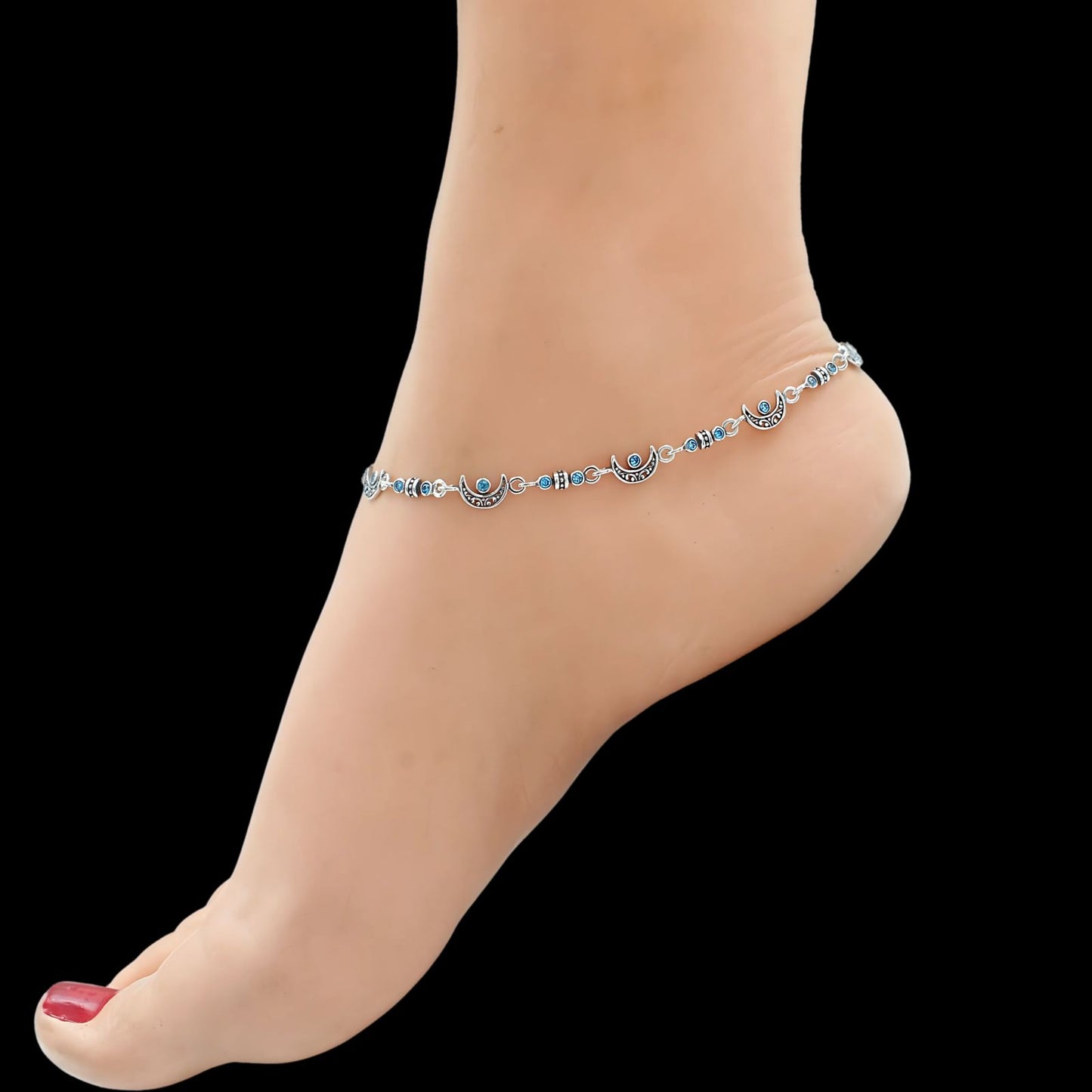 925 Sterling Silver Blue CZ Oxidised Moon design pajeb Anklet Pair 10.5"