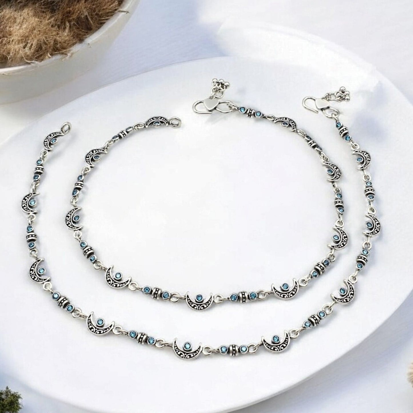 925 Sterling Silver Blue CZ Oxidised Moon design pajeb Anklet Pair 10.5"