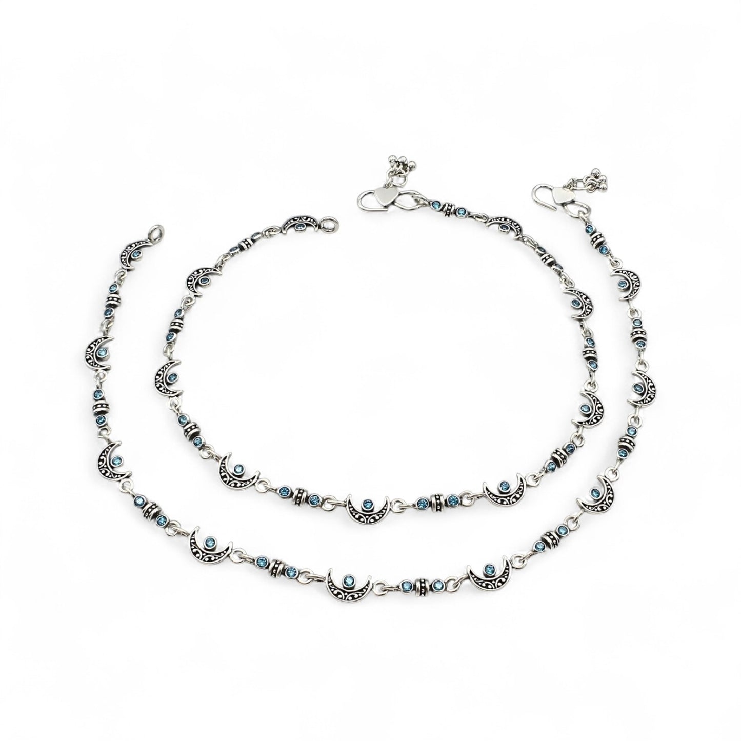 925 Sterling Silver Blue CZ Oxidised Moon design pajeb Anklet Pair 10.5"