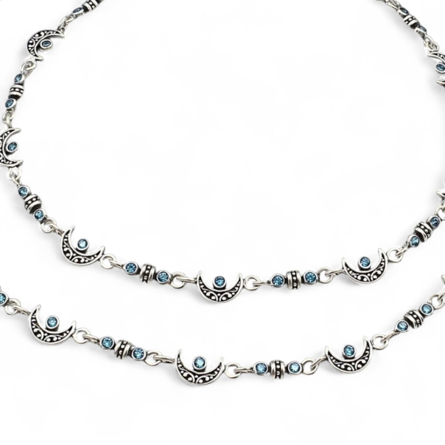 925 Sterling Silver Blue CZ Oxidised Moon design pajeb Anklet Pair 10.5"