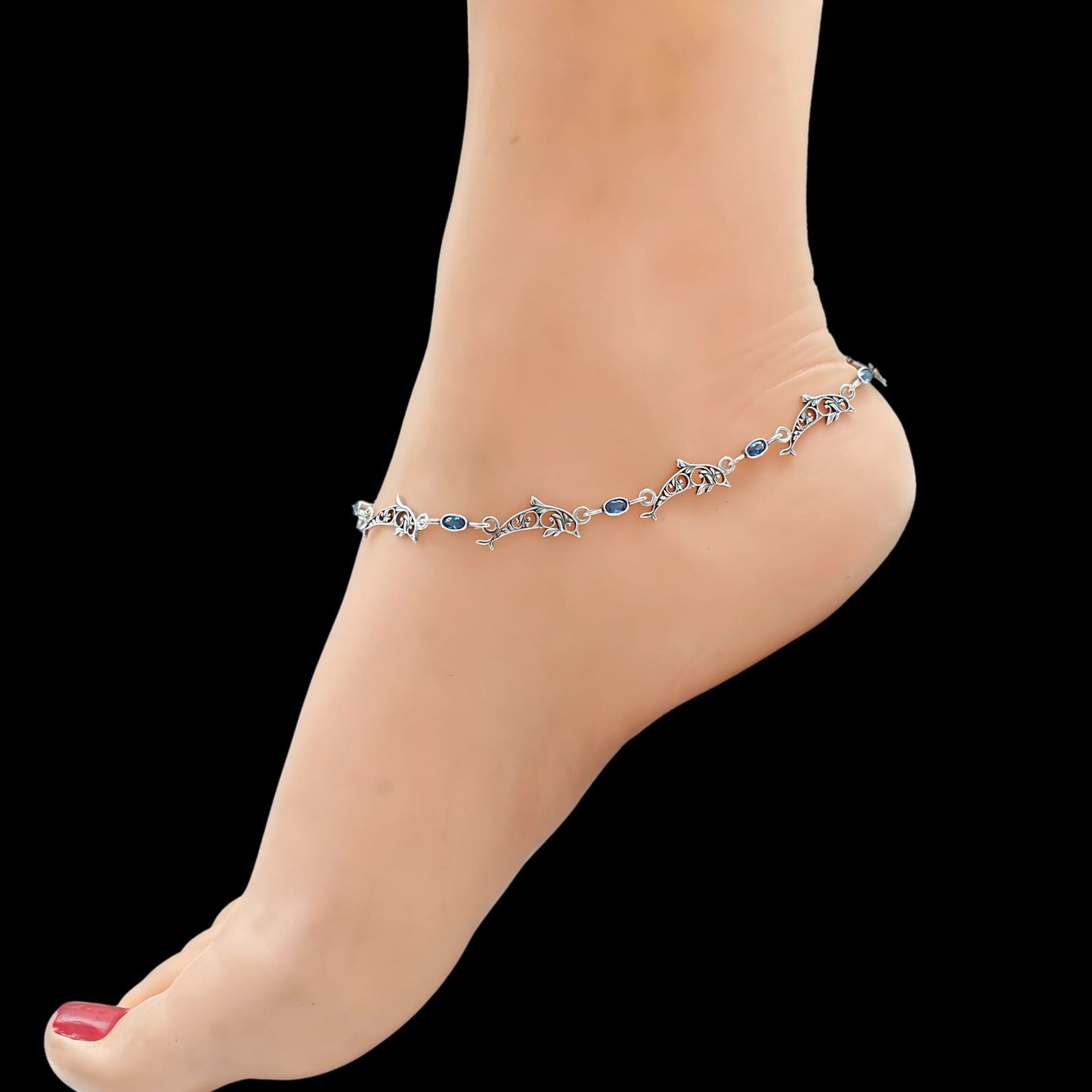 Trendy Dolphin 925 Sterling Silver Blue CZ Oxidised payal Anklet Pair 10.8"