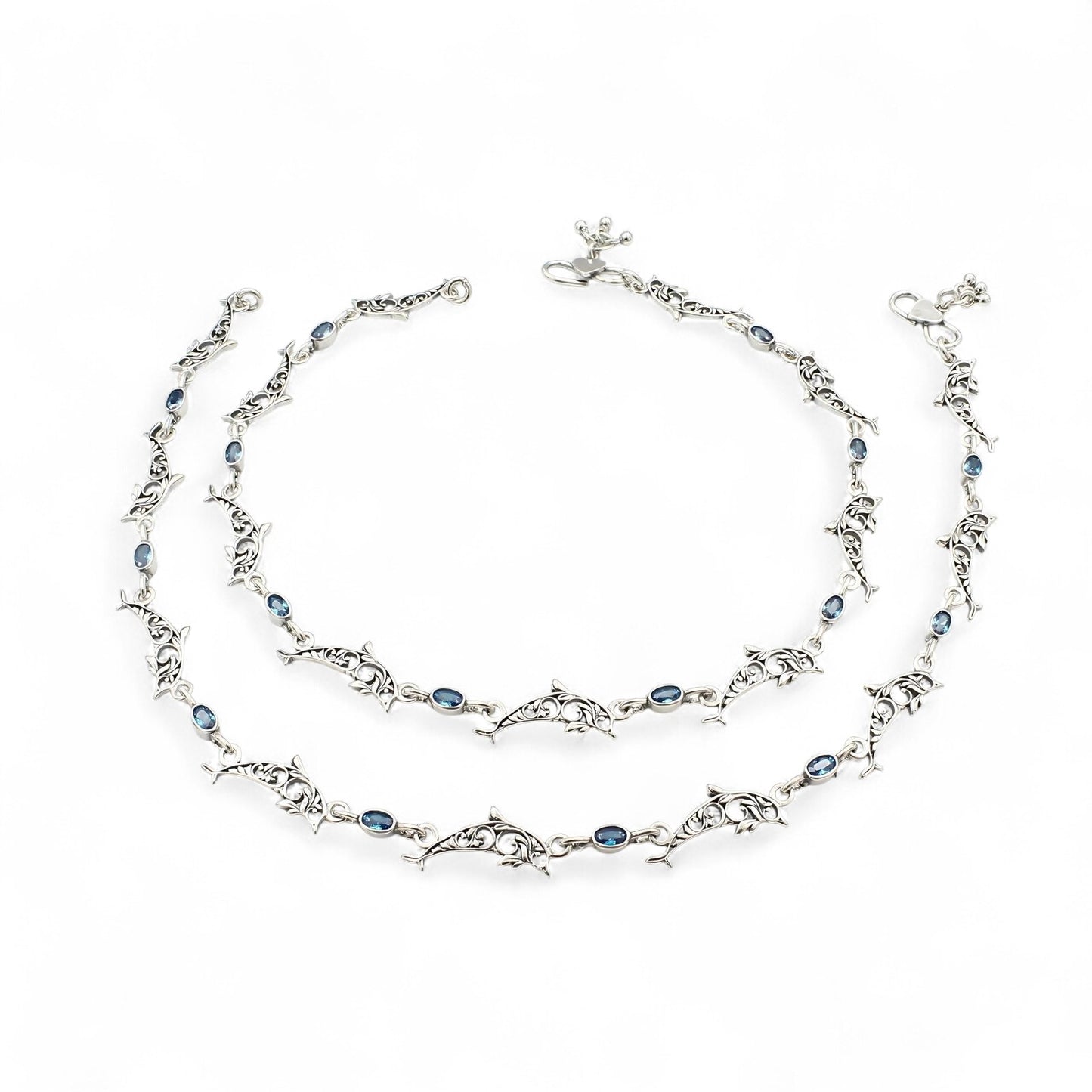 Trendy Dolphin 925 Sterling Silver Blue CZ Oxidised payal Anklet Pair 10.8"