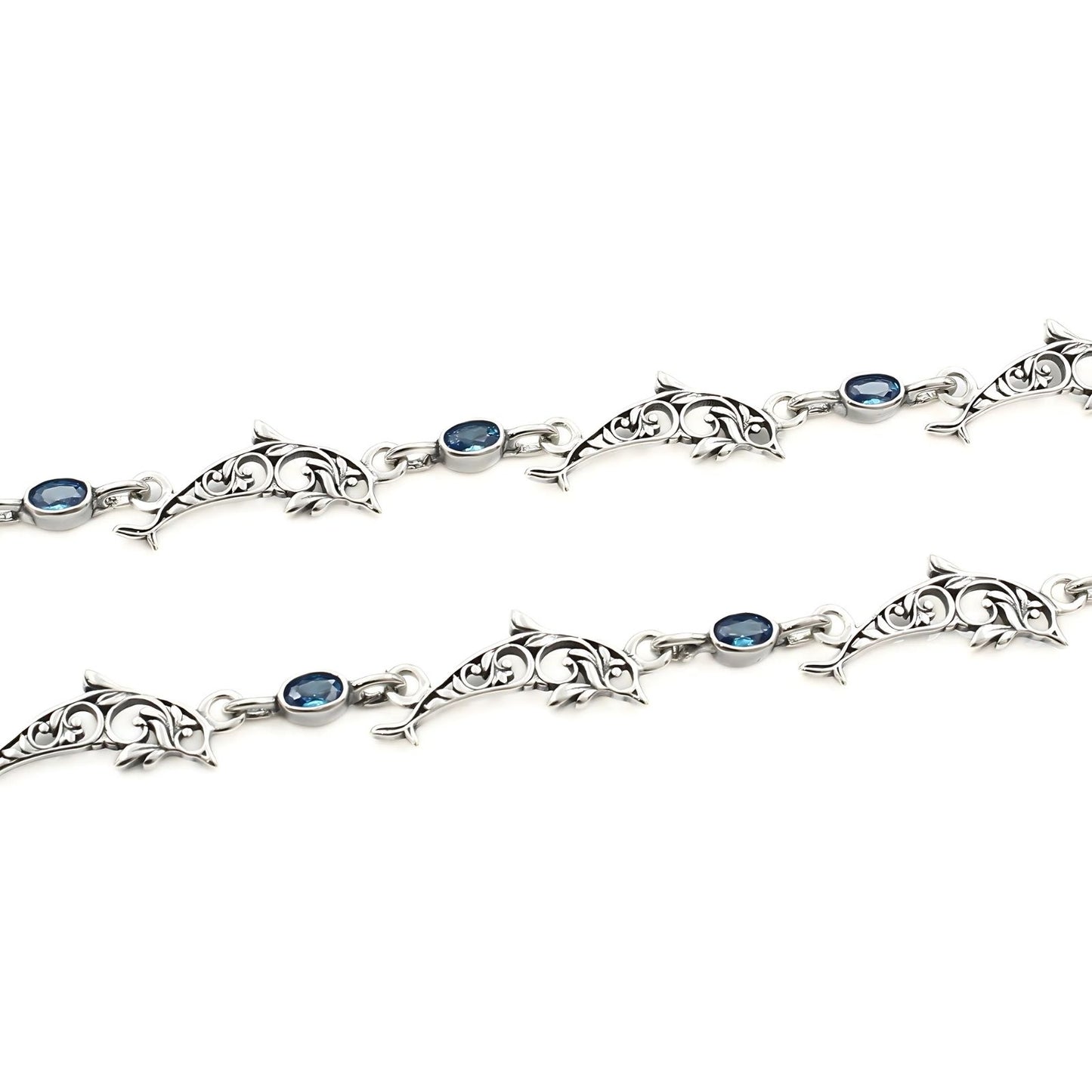 Trendy Dolphin 925 Sterling Silver Blue CZ Oxidised payal Anklet Pair 10.8"