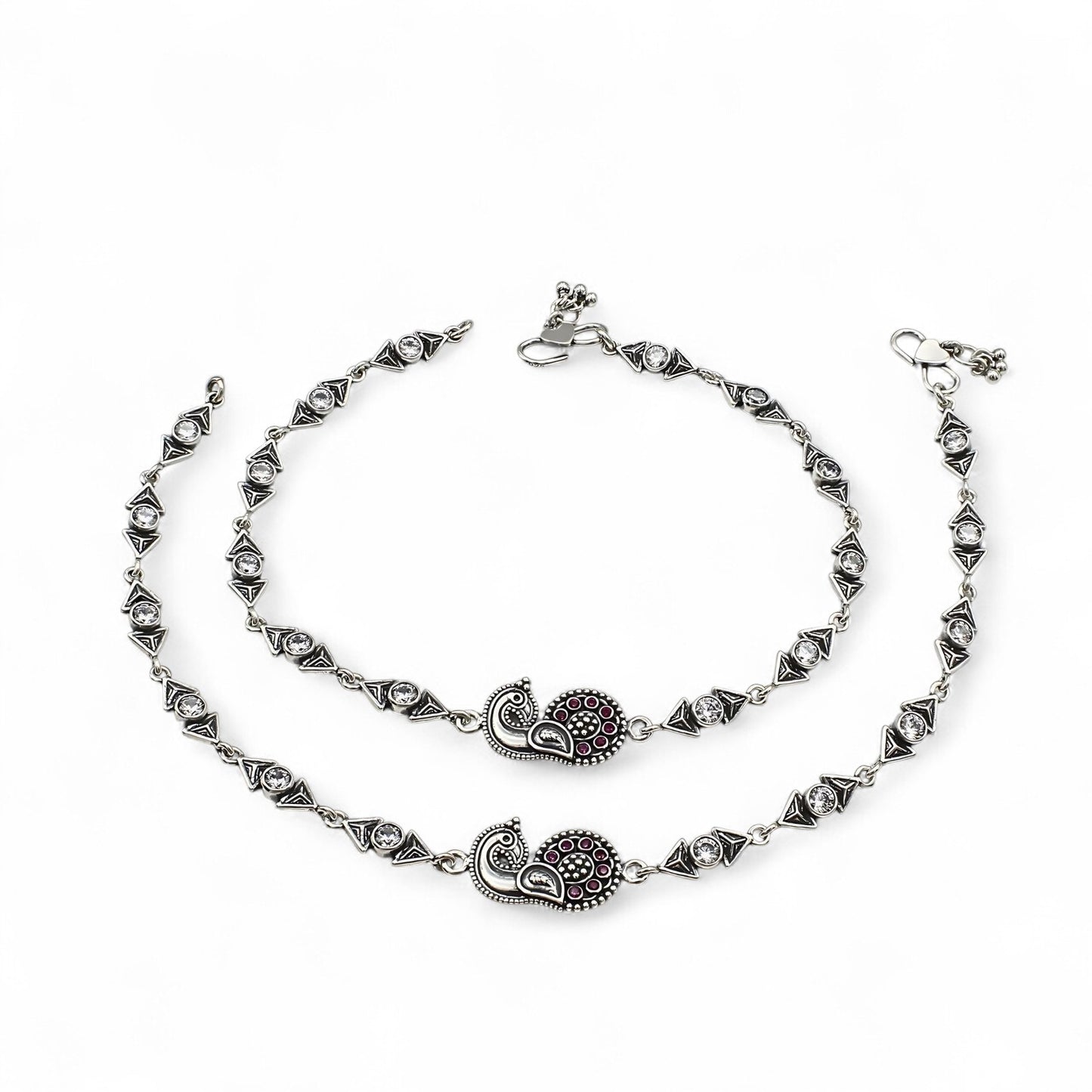 925 Sterling Silver Pink White CZ Oxidised Peacock pajeb Anklet Pair 10"