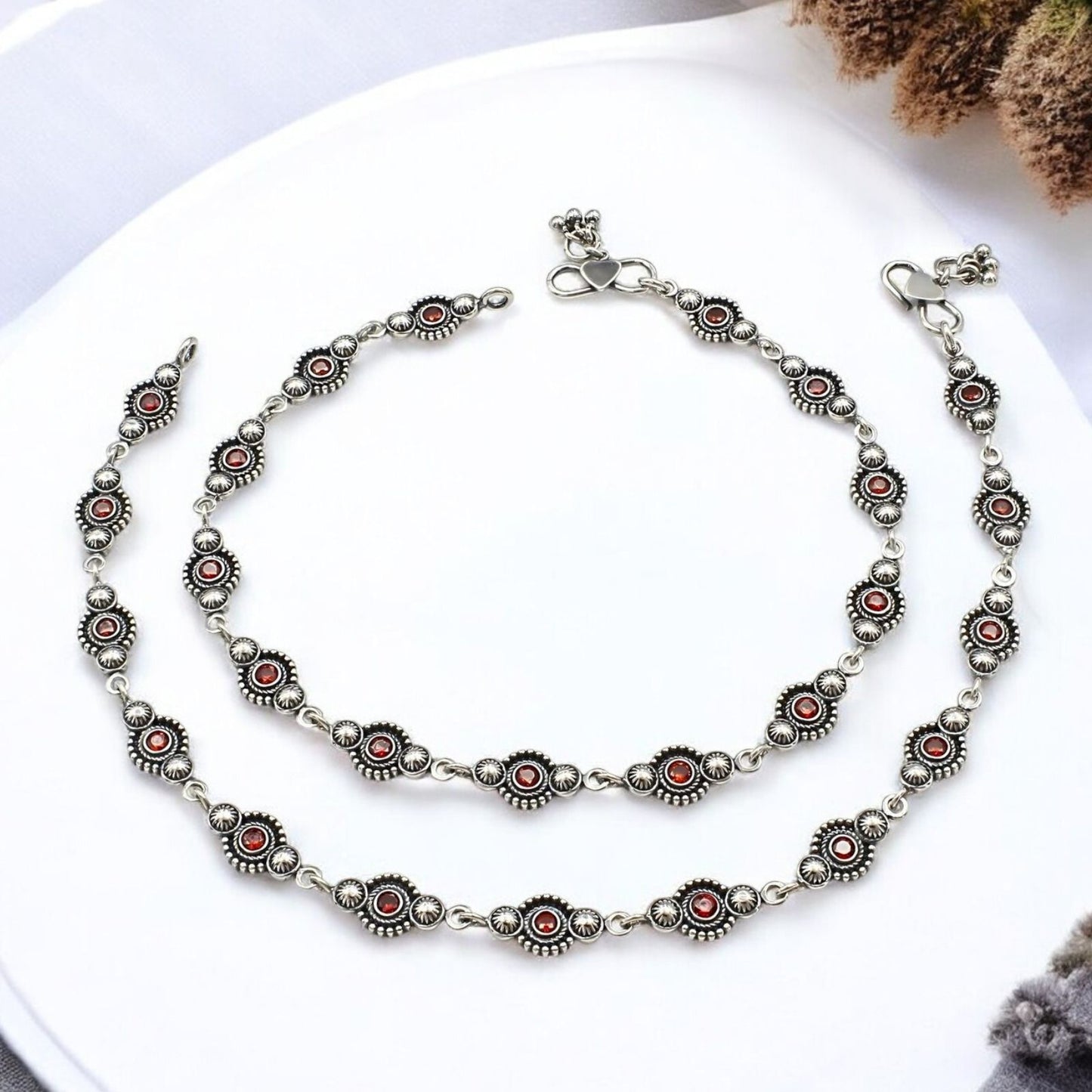 Beach wear 925 Sterling Silver Orange CZ Oxidised payal Anklet Pair 10"