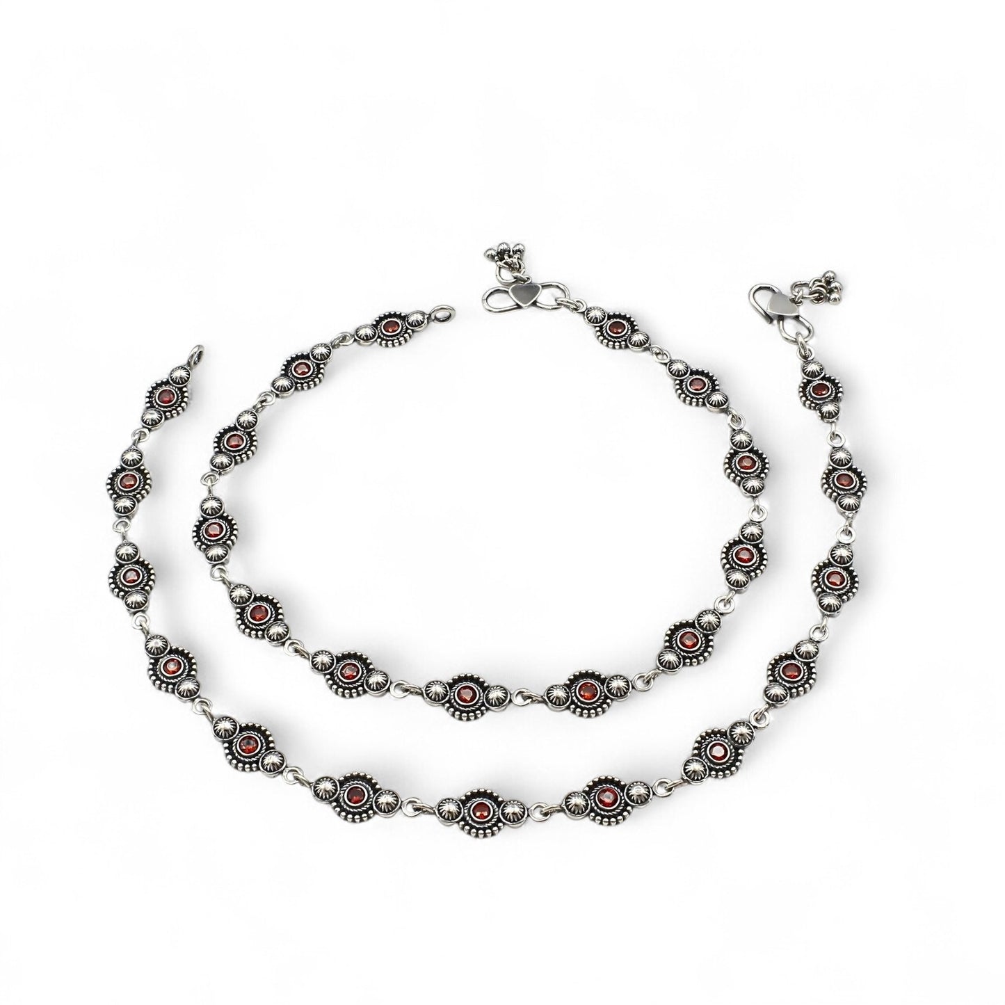 Beach wear 925 Sterling Silver Orange CZ Oxidised payal Anklet Pair 10"