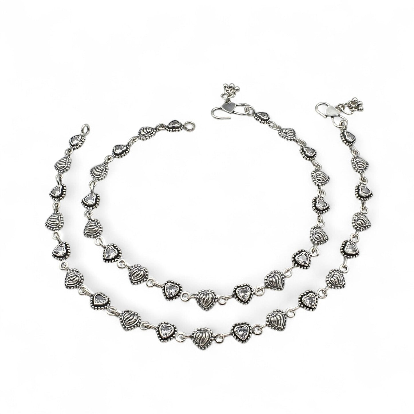 Heart design 925 Sterling Silver White CZ Oxidised floral payal Anklet Pair 10"