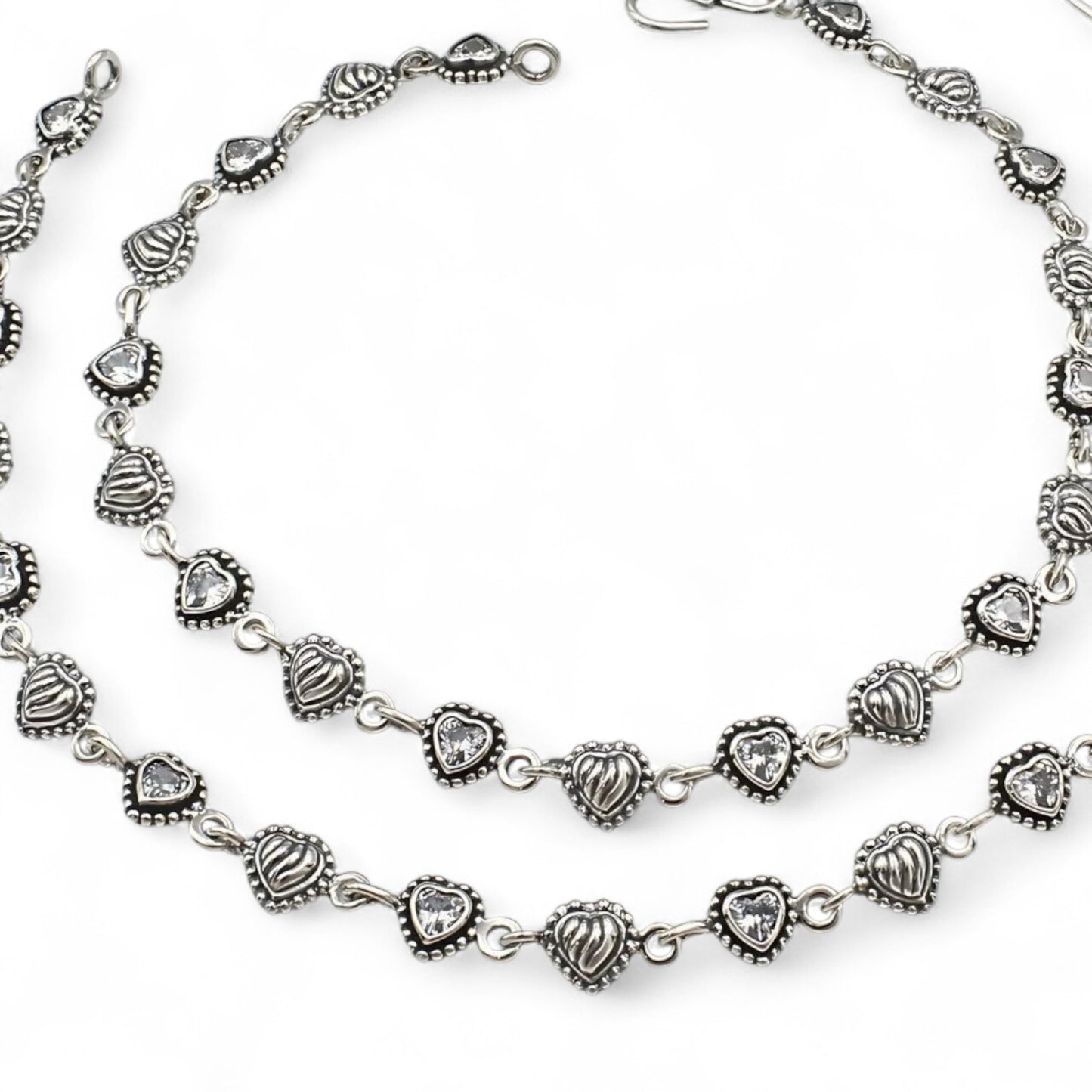 Heart design 925 Sterling Silver White CZ Oxidised floral payal Anklet Pair 10"