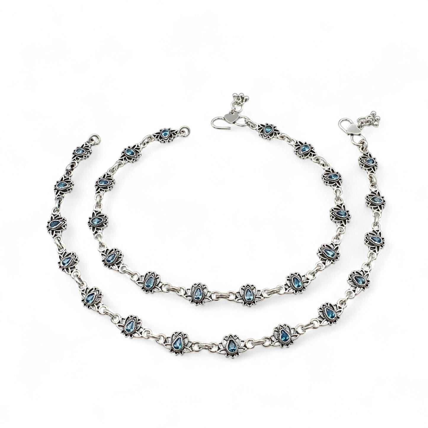 925 Sterling Silver Blue CZ Oxidised Lotus design payal Pair 10.3"