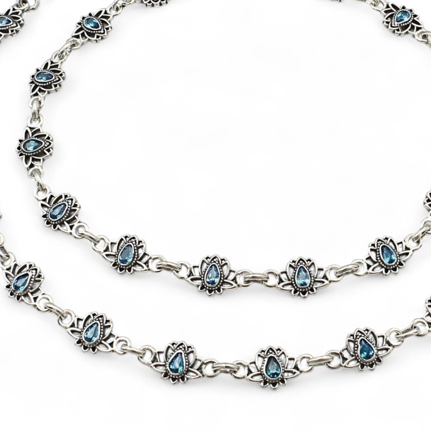925 Sterling Silver Blue CZ Oxidised Lotus design payal Pair 10.3"