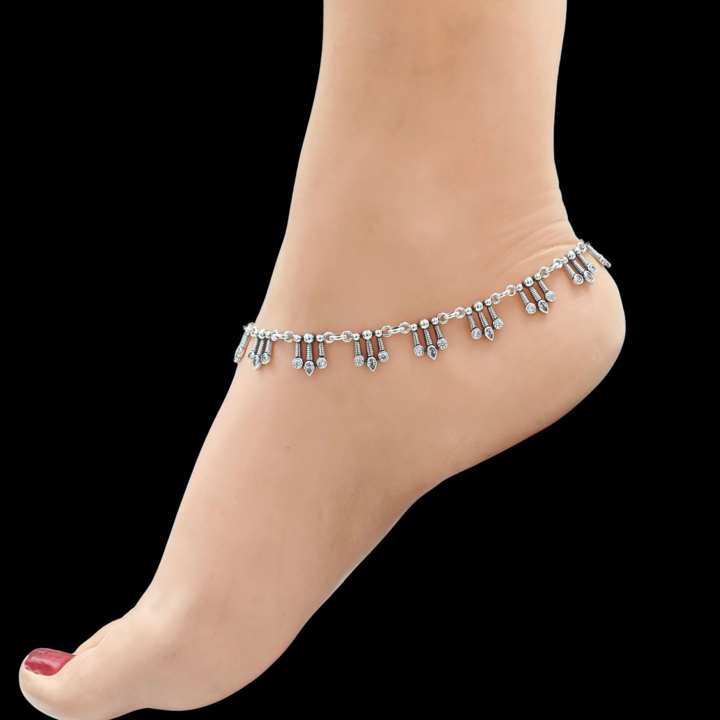 925 Sterling Silver Excellent gifting White CZ Oxidised payal Anklet Pair 10.5"