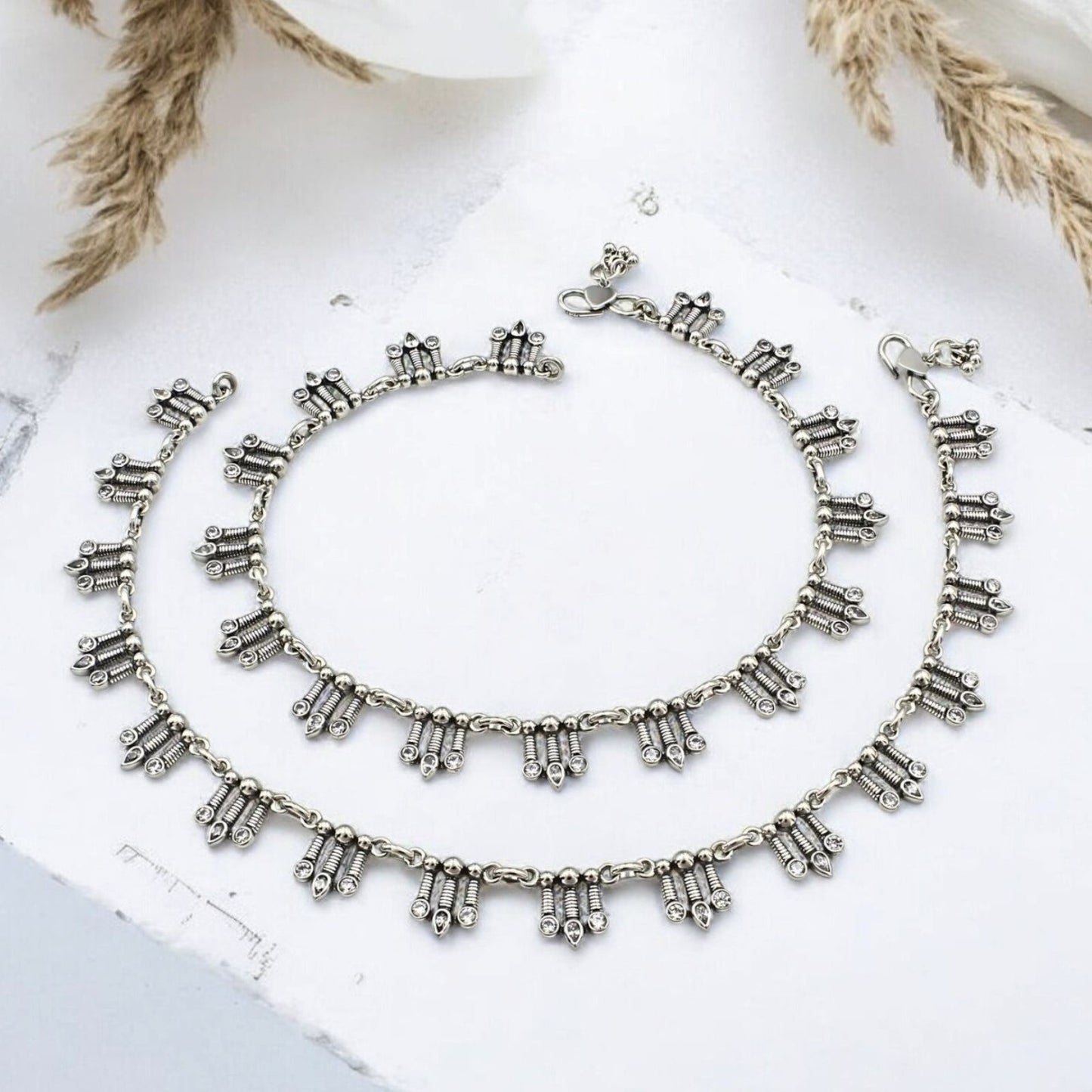 925 Sterling Silver Excellent gifting White CZ Oxidised payal Anklet Pair 10.5"