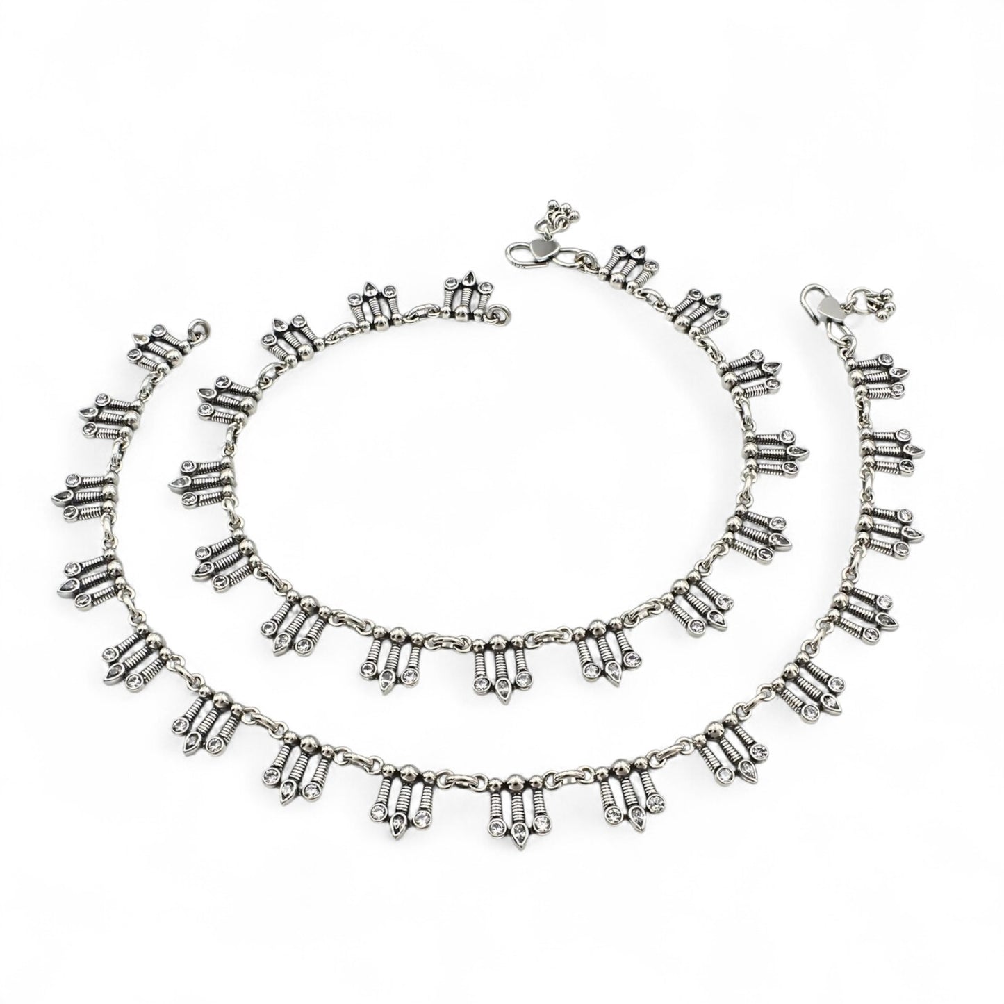 925 Sterling Silver Excellent gifting White CZ Oxidised payal Anklet Pair 10.5"