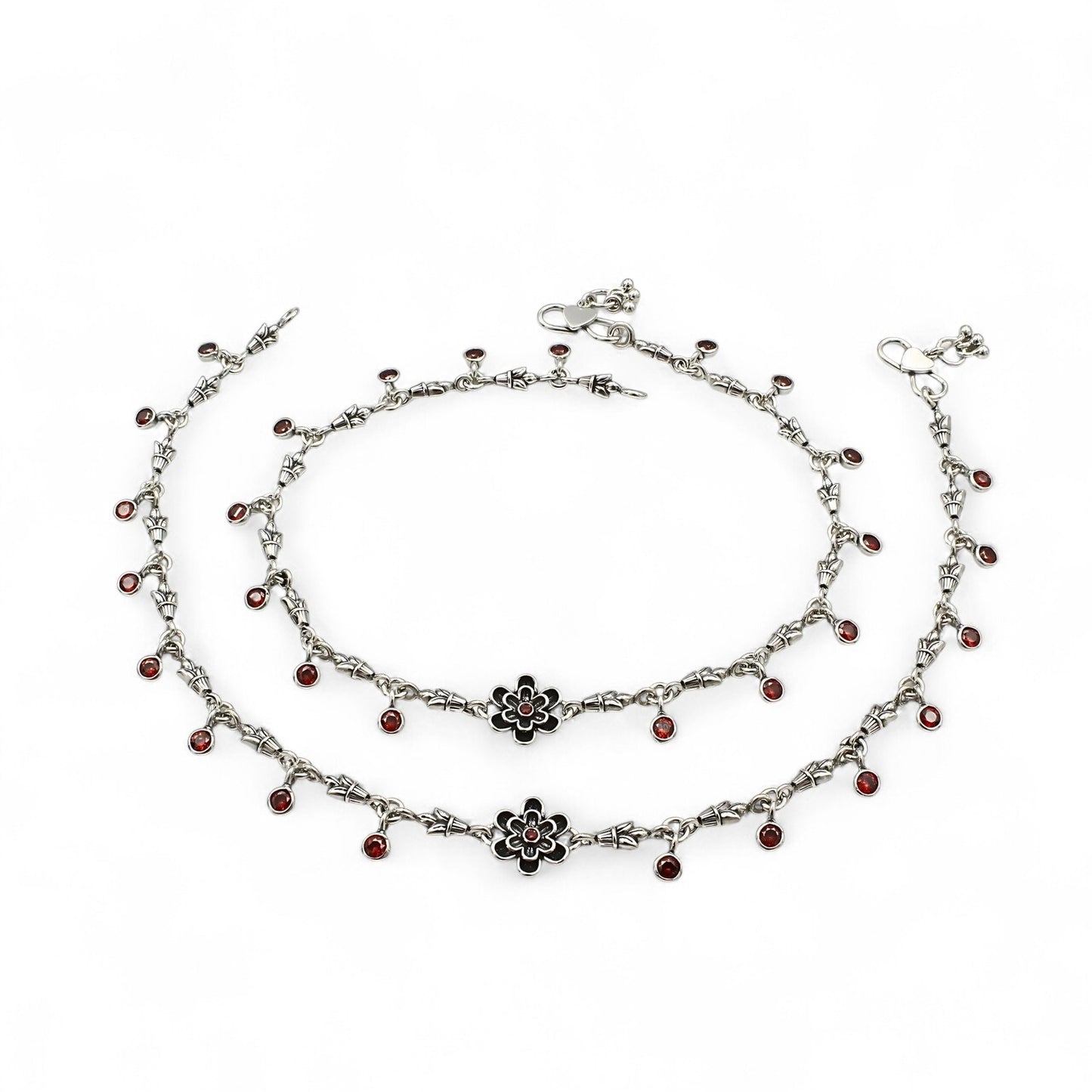 Amazing 925 Sterling Silver Orange CZ Oxidised floral Anklet Pair 10.3"