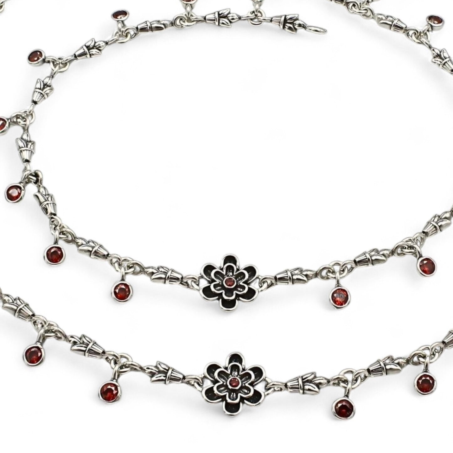 Amazing 925 Sterling Silver Orange CZ Oxidised floral Anklet Pair 10.3"