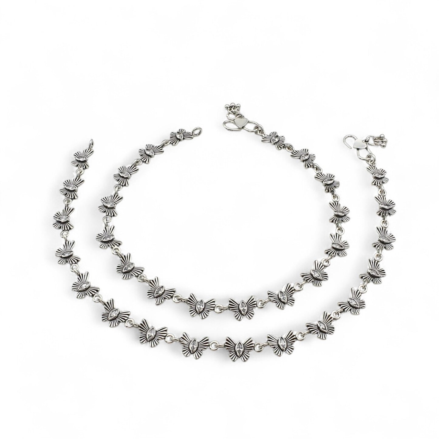 925 Sterling Silver White CZ Oxidised Butterfly payal Anklet Pair 10.3"