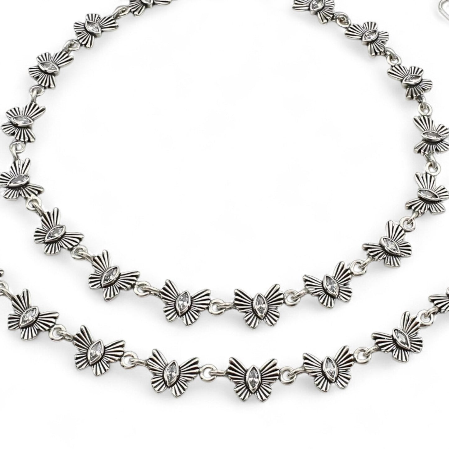 925 Sterling Silver White CZ Oxidised Butterfly payal Anklet Pair 10.3"