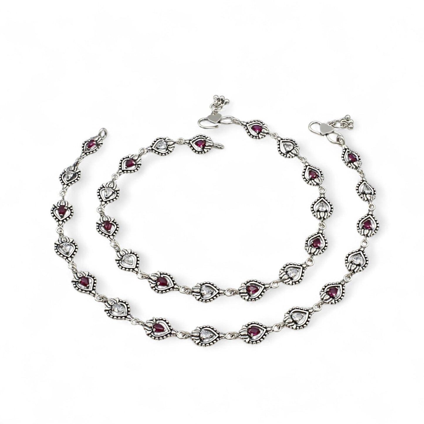 925 Sterling Silver Excellent Pink White CZ Oxidised pajeb Anklet Pair 10"