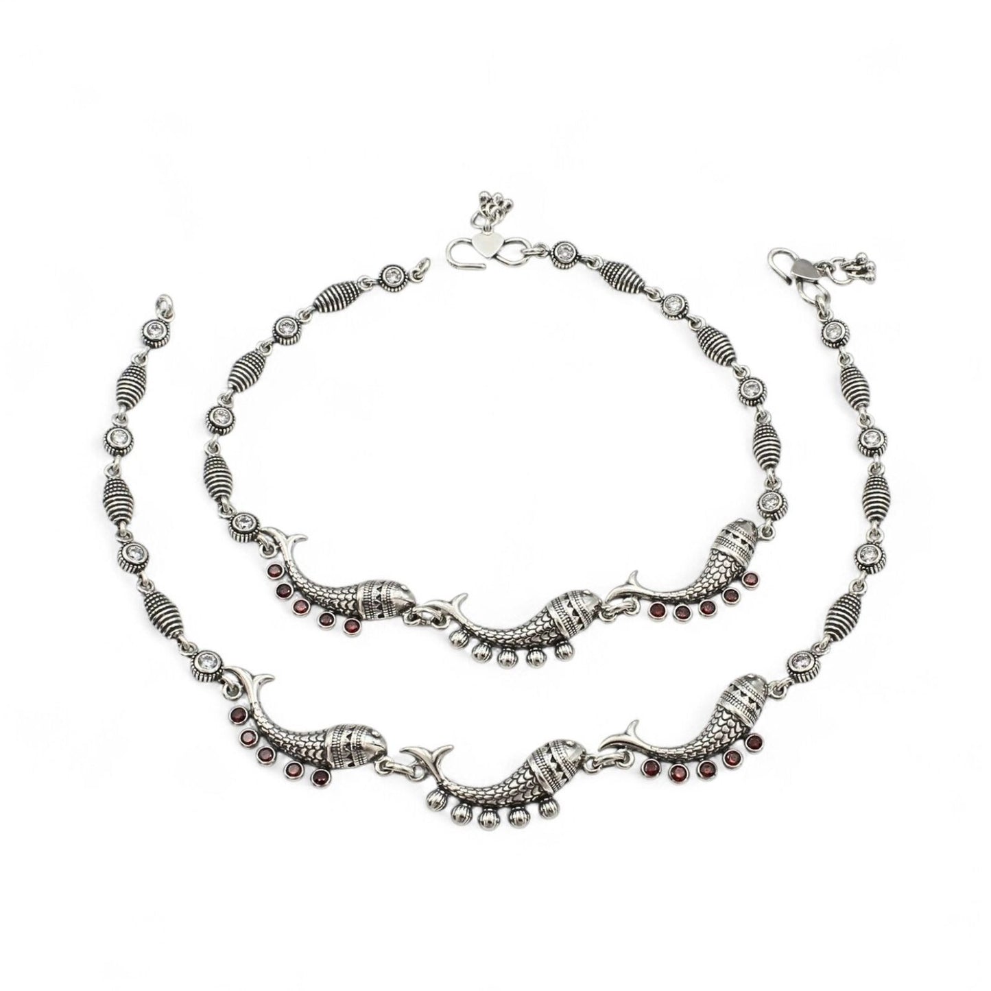 925 Sterling Silver Orange CZ Oxidized Fish payal Anklet Pair 10.5"