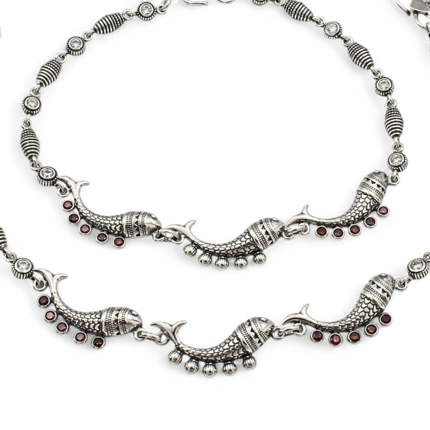 925 Sterling Silver Orange CZ Oxidized Fish payal Anklet Pair 10.5"