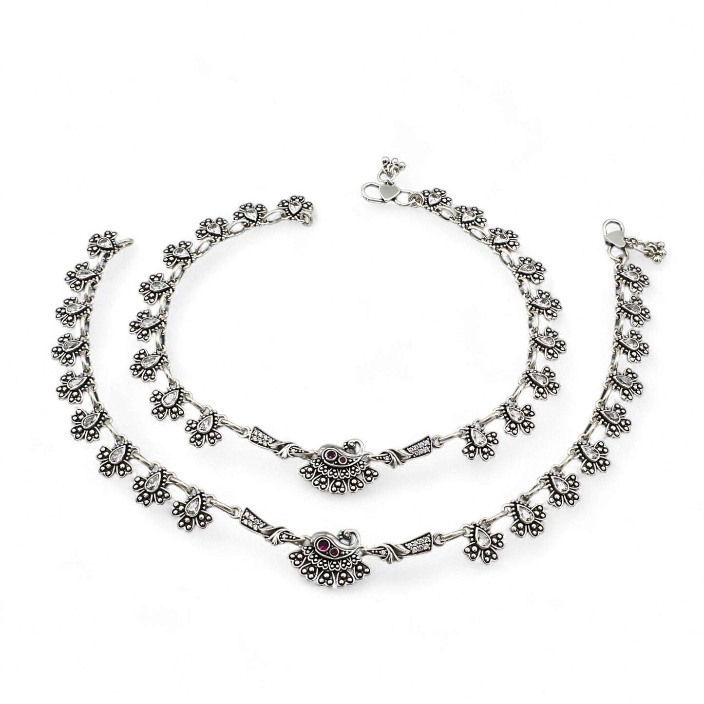 925 Sterling Silver Pink White CZ Oxidized Peacock pajeb Anklet Pair 10.3"