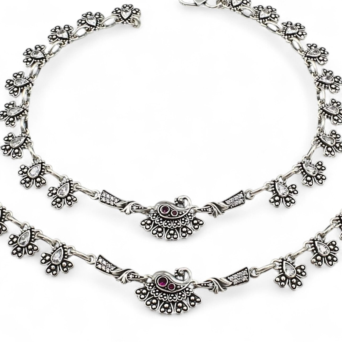 925 Sterling Silver Pink White CZ Oxidized Peacock pajeb Anklet Pair 10.3"