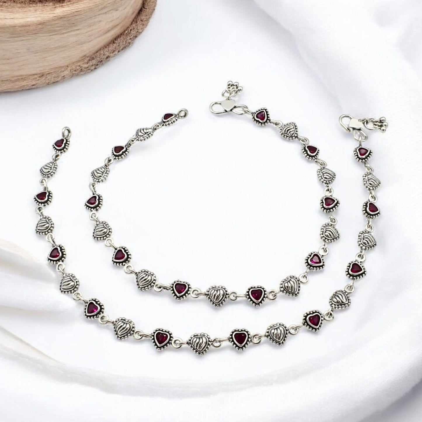 Amazing 925 Sterling Silver Pink CZ Oxidized Heart design payal Anklet Pair 10"